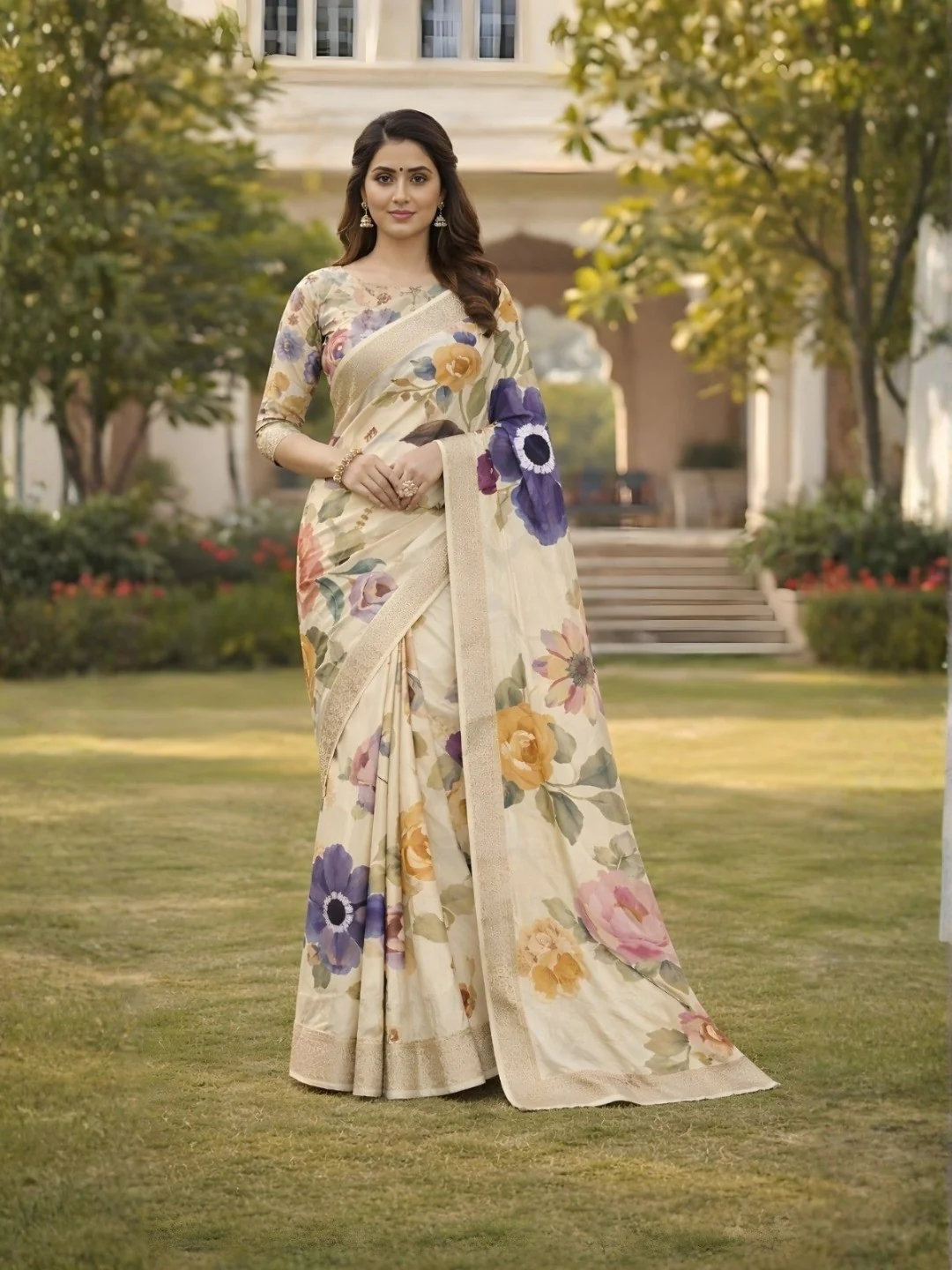 Charming Cream Floral Digital Printed Tussar Dola Silk Saree Enhanced With Luxurious Zari Border