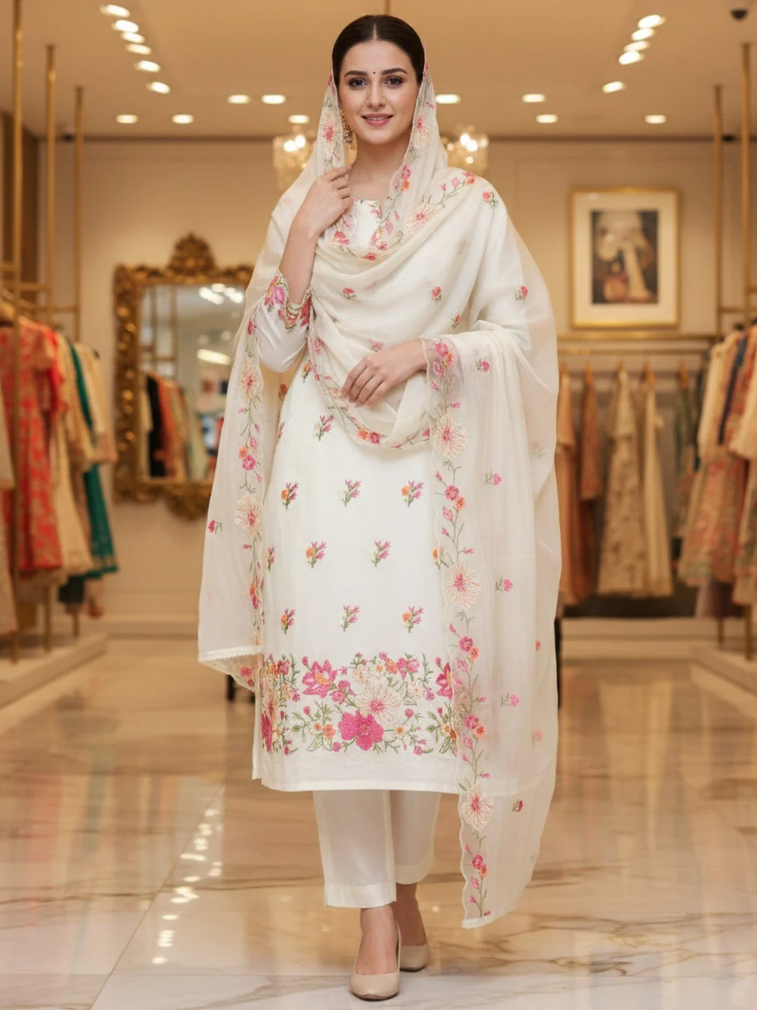 Charming Cream Floral Thread Embroidered With Sequins Work Roman Art Silk Dress Material
