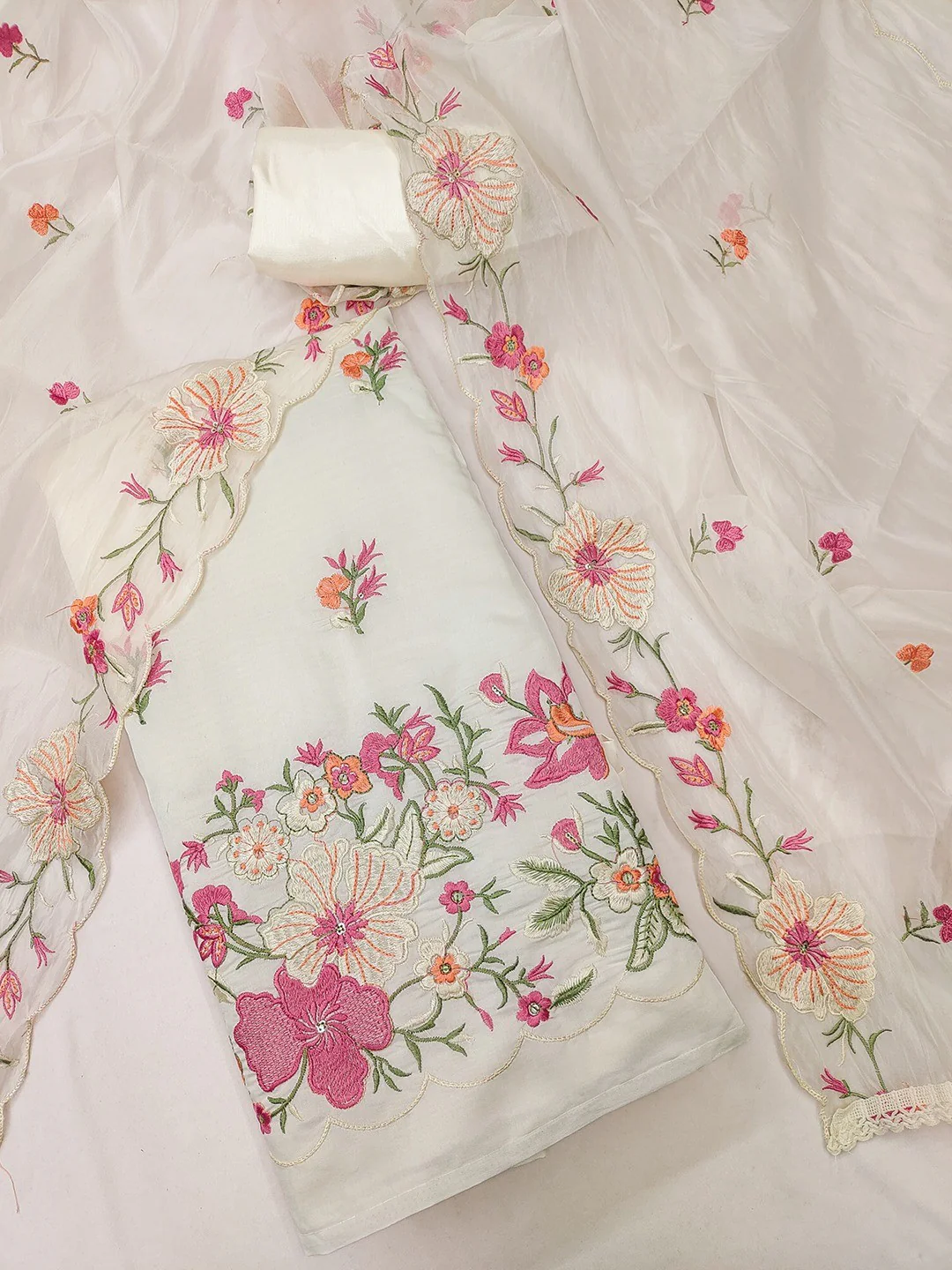 Charming Cream Floral Thread Embroidered With Sequins Work Roman Art Silk Dress Material - Image 3
