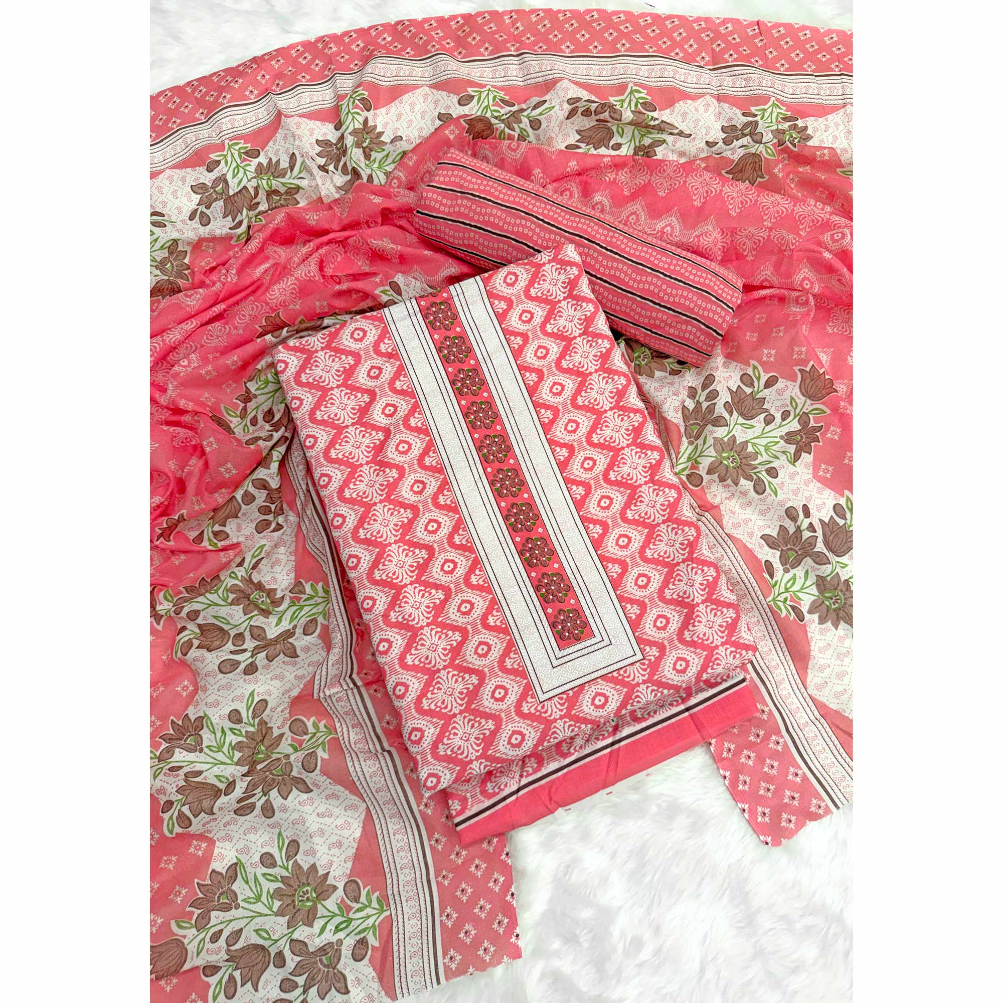 Charming Gajari Red Pure Cotton Dress Material With Delicate Floral Print - Image 3