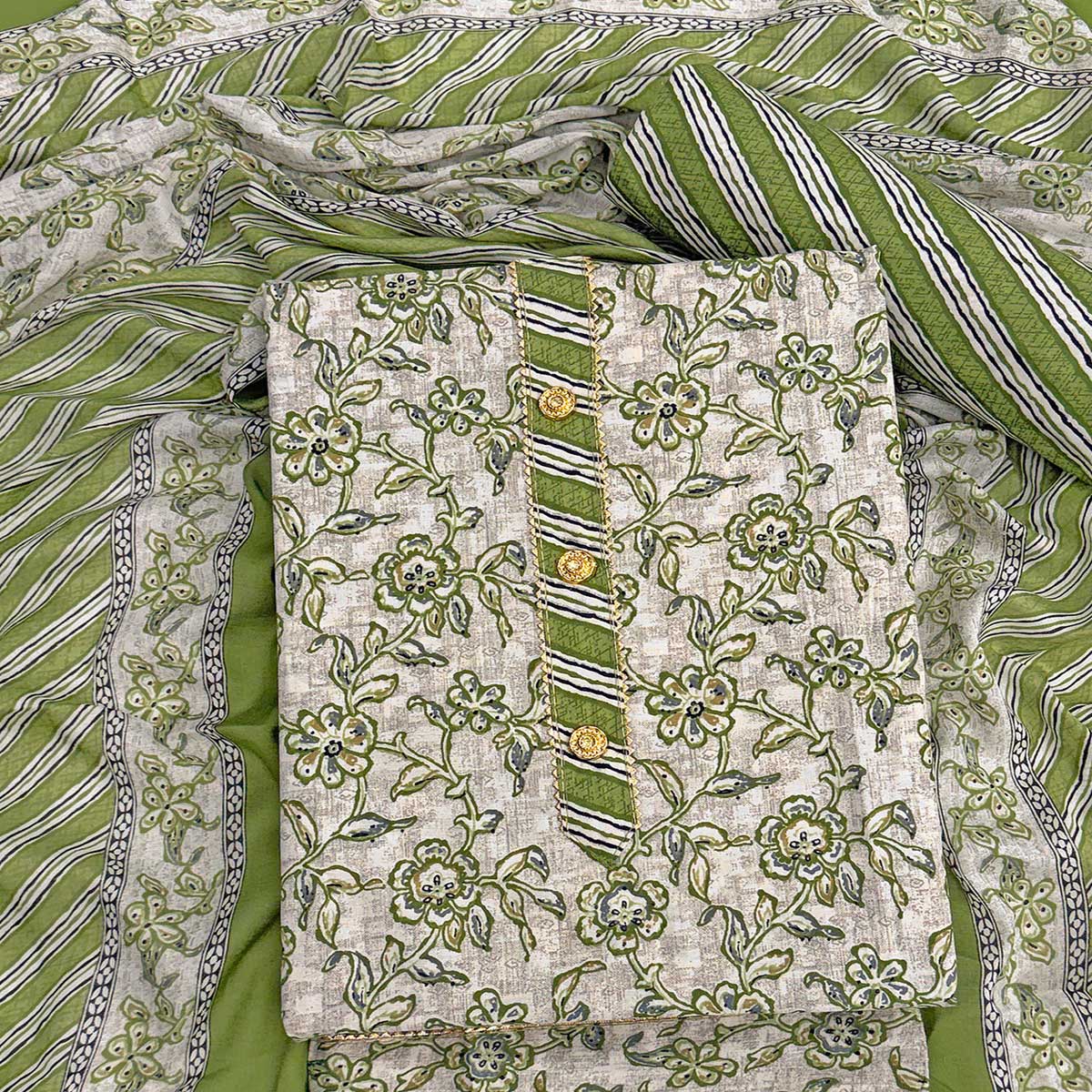 Charming Green Floral Printed Cotton Blend Dress Material Featuring Intricate Lace Border - Image 2