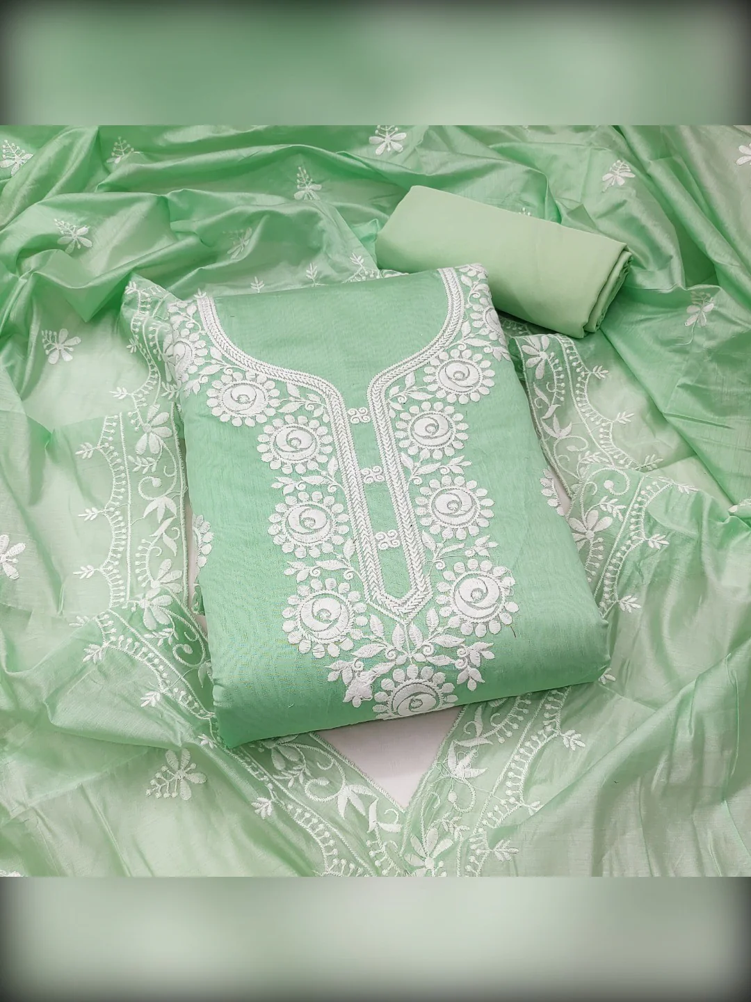 Charming Green Floral Thread Embroidered Work Chanderi Cotton Dress Material - Image 3