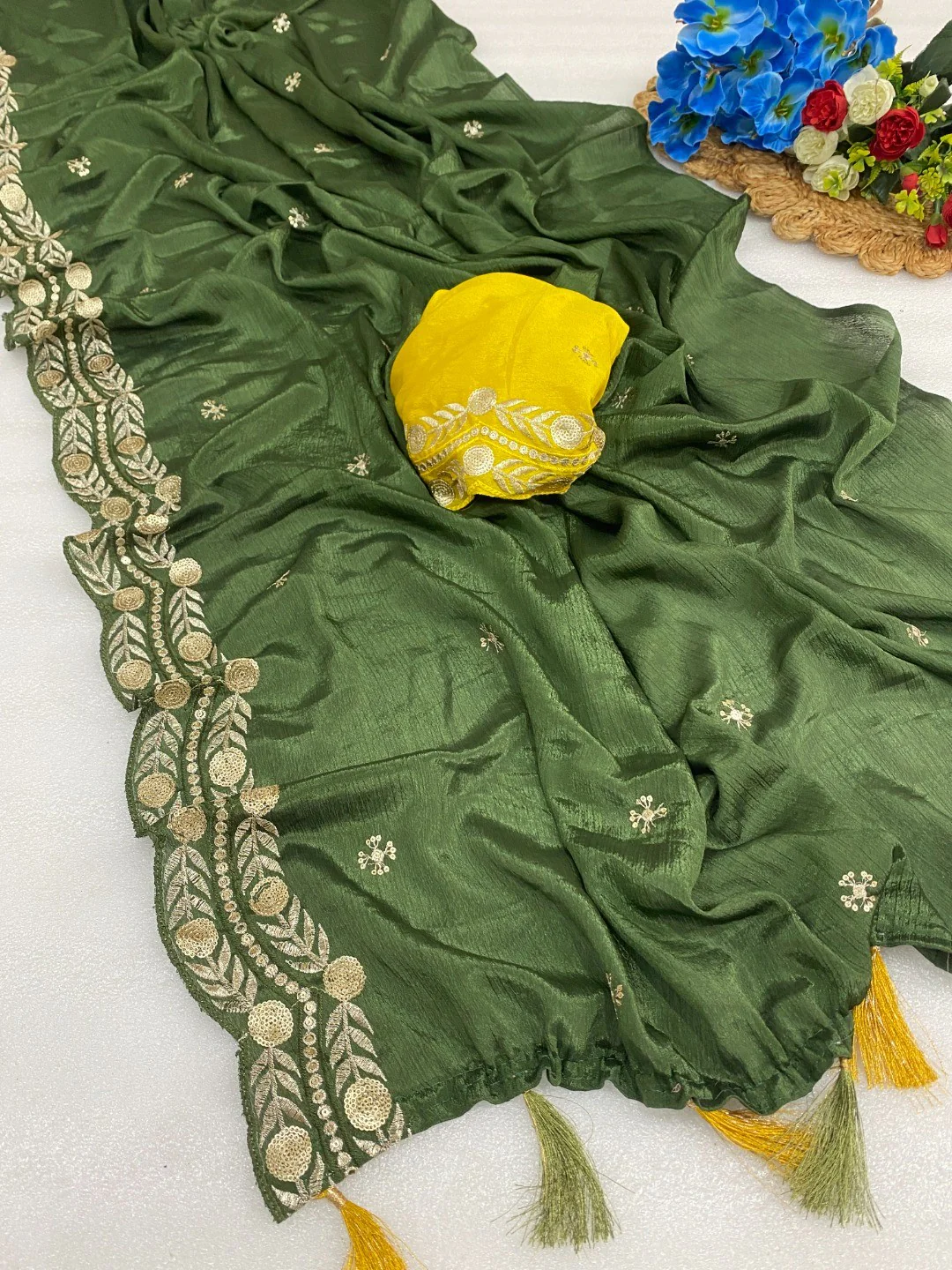 Charming Green Georgette Saree Enhanced With Intricate Floral Sequins Embroidery