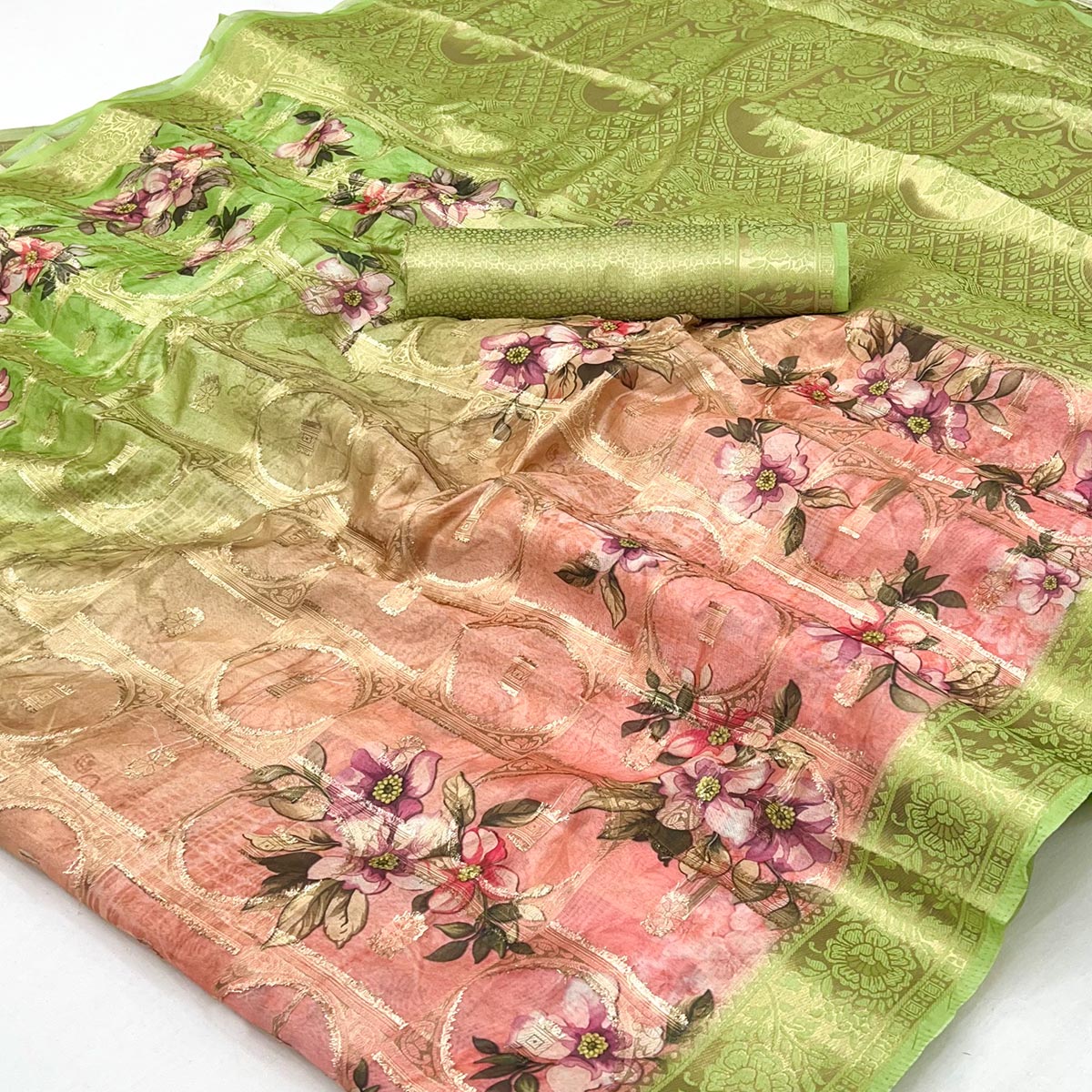 Charming Green & Pink Floral Zari Weaving Silk Blend Saree With Digital Printed - Image 2