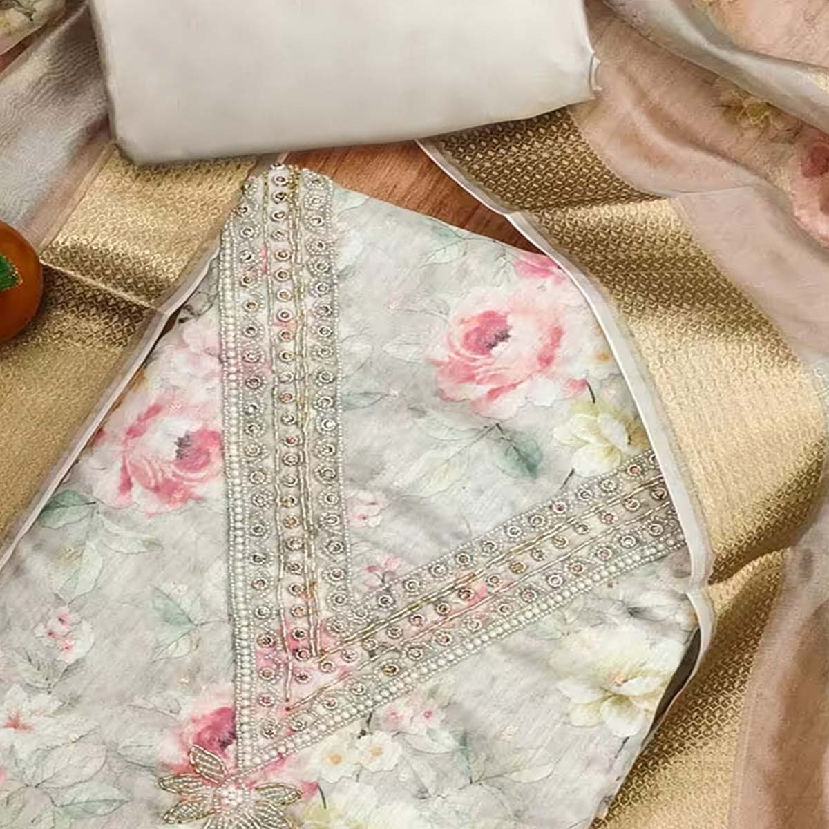 Charming Grey Floral Digital Printed Chanderi Silk Dress Material Adorned With Moti Khatli Work - Image 2