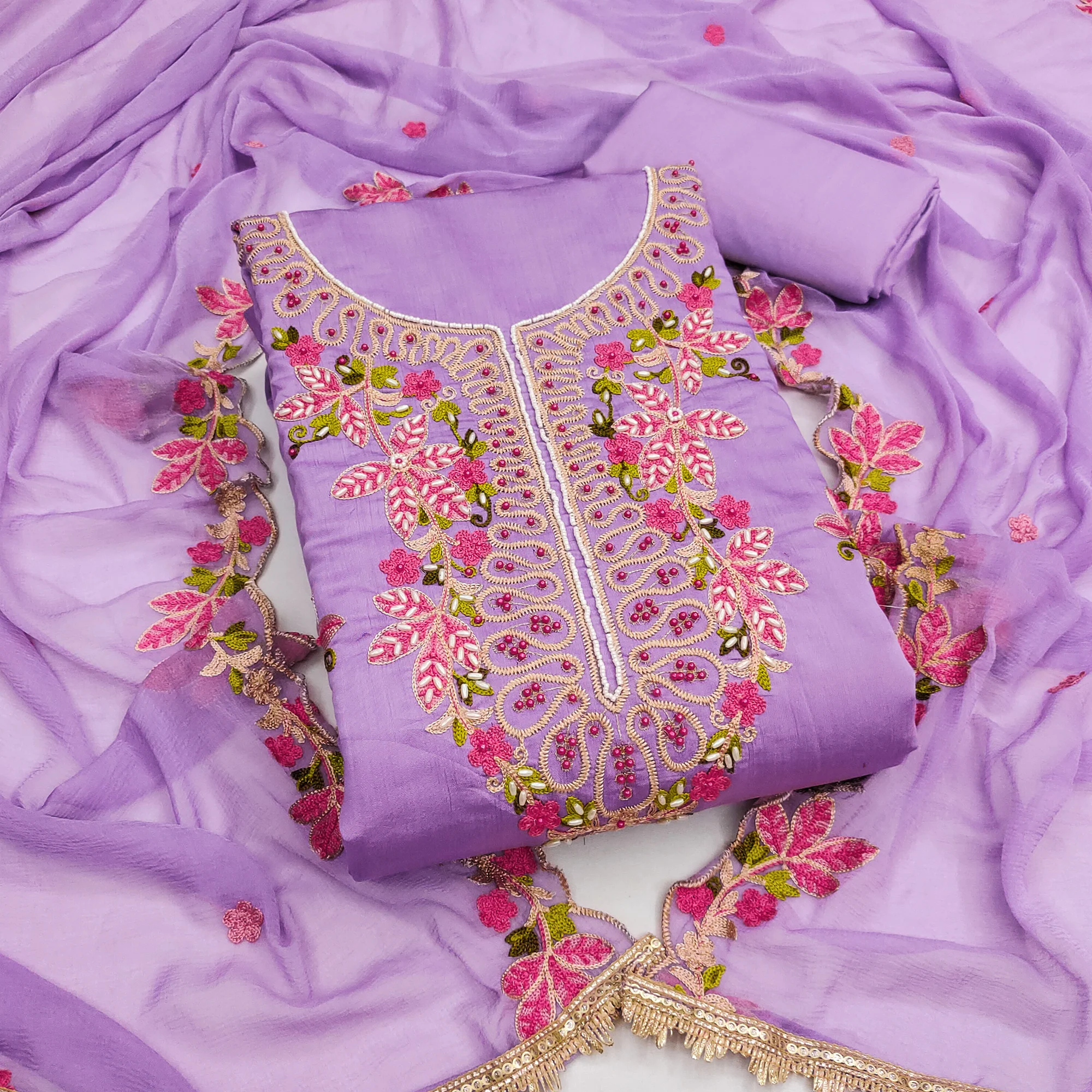 Charming Lavender Floral Embroidery Cotton Silk Dress Material Enhanced With Elegant Moti Handwork