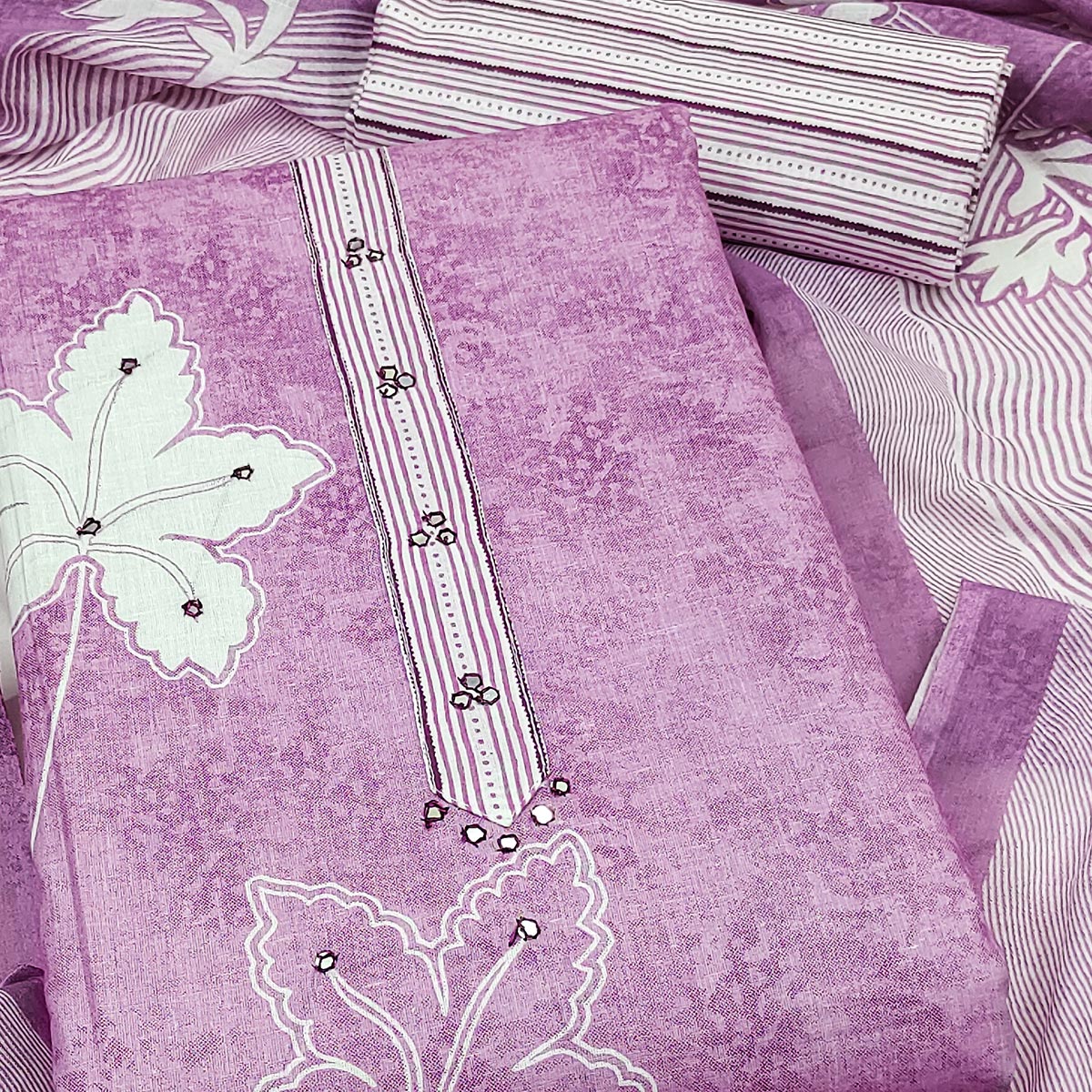 Charming Lavender Floral & Leaf Printed Pure Cotton Dress Material Featuring Subtle Embroidery Work - Image 2
