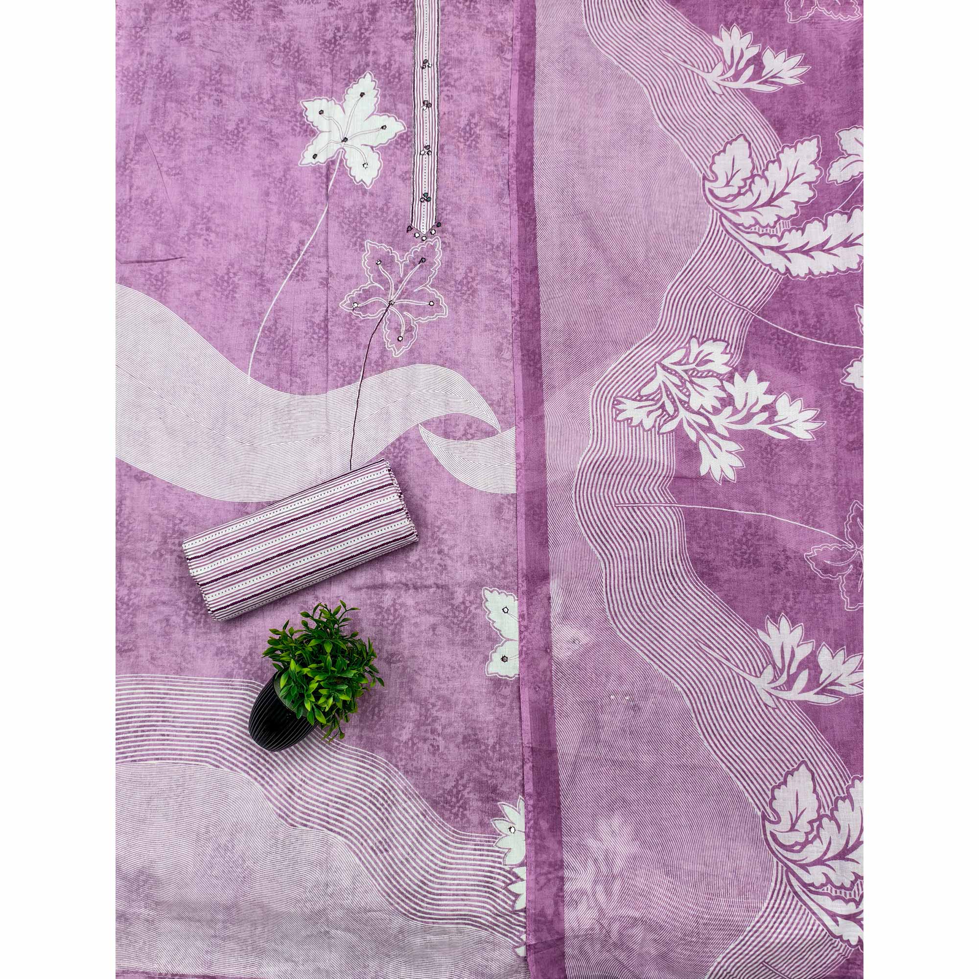 Charming Lavender Floral & Leaf Printed Pure Cotton Dress Material Featuring Subtle Embroidery Work - Image 3