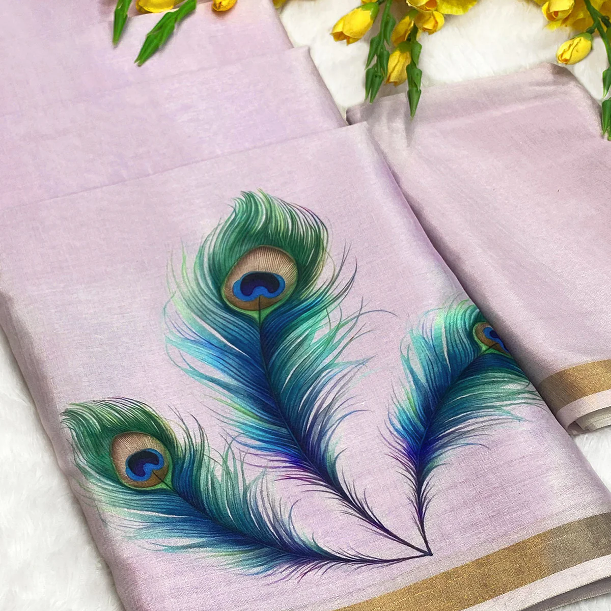 Charming Lavender Soft Tussar Cotton Silk Saree With Peacock Feathers Print - Image 2