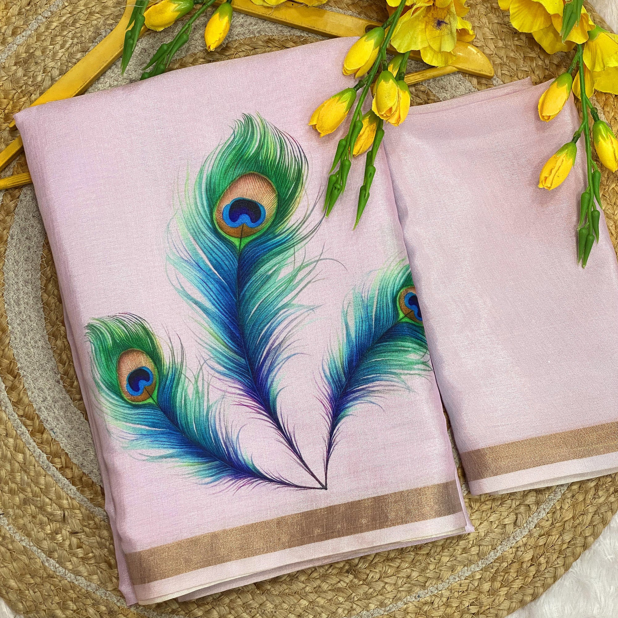 Charming Lavender Soft Tussar Cotton Silk Saree With Peacock Feathers Print - Image 3