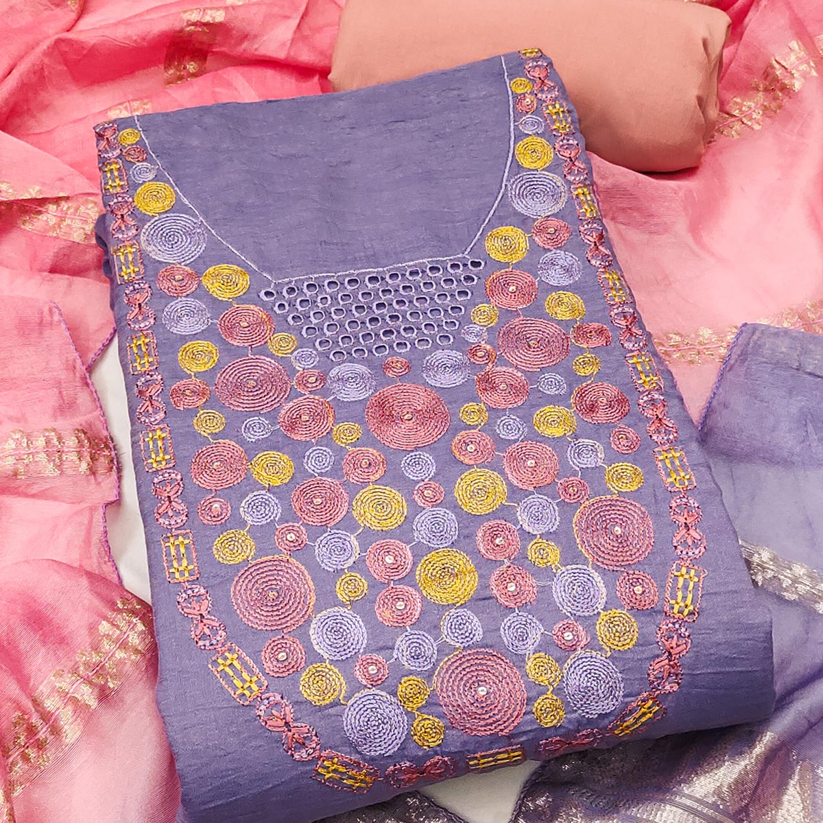 Charming Lavender Thread Embroidered Cotton Blend Dress Material With Sequins & Gota Patti Accents - Image 2