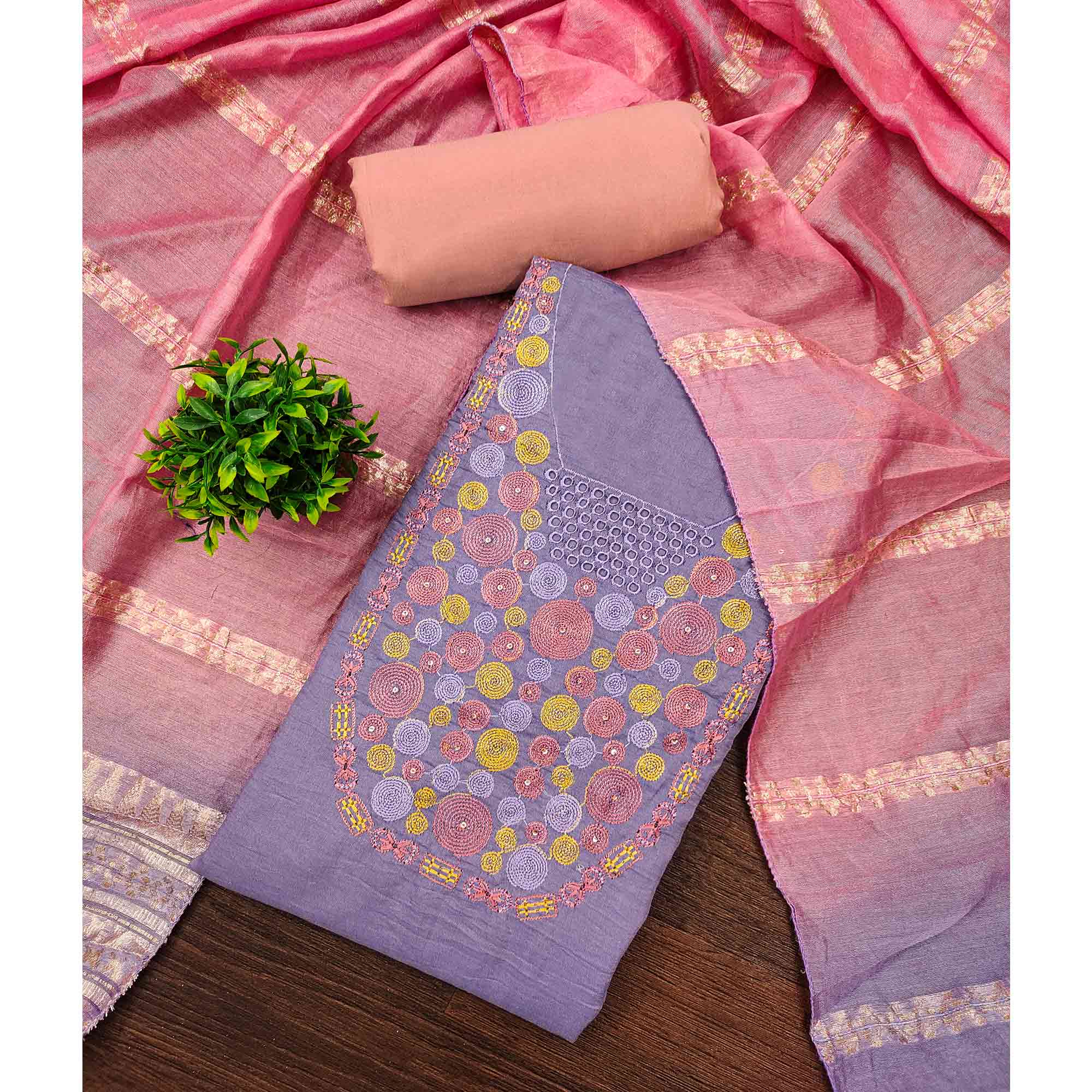 Charming Lavender Thread Embroidered Cotton Blend Dress Material With Sequins & Gota Patti Accents - Image 3