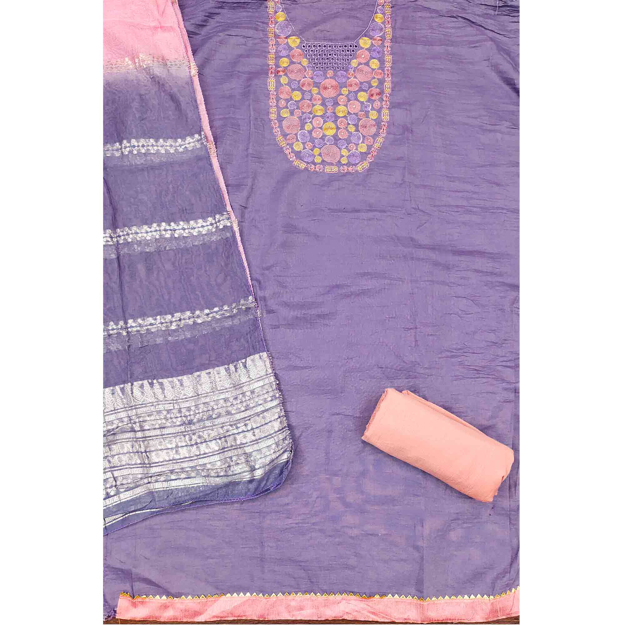 Charming Lavender Thread Embroidered Cotton Blend Dress Material With Sequins & Gota Patti Accents - Image 4