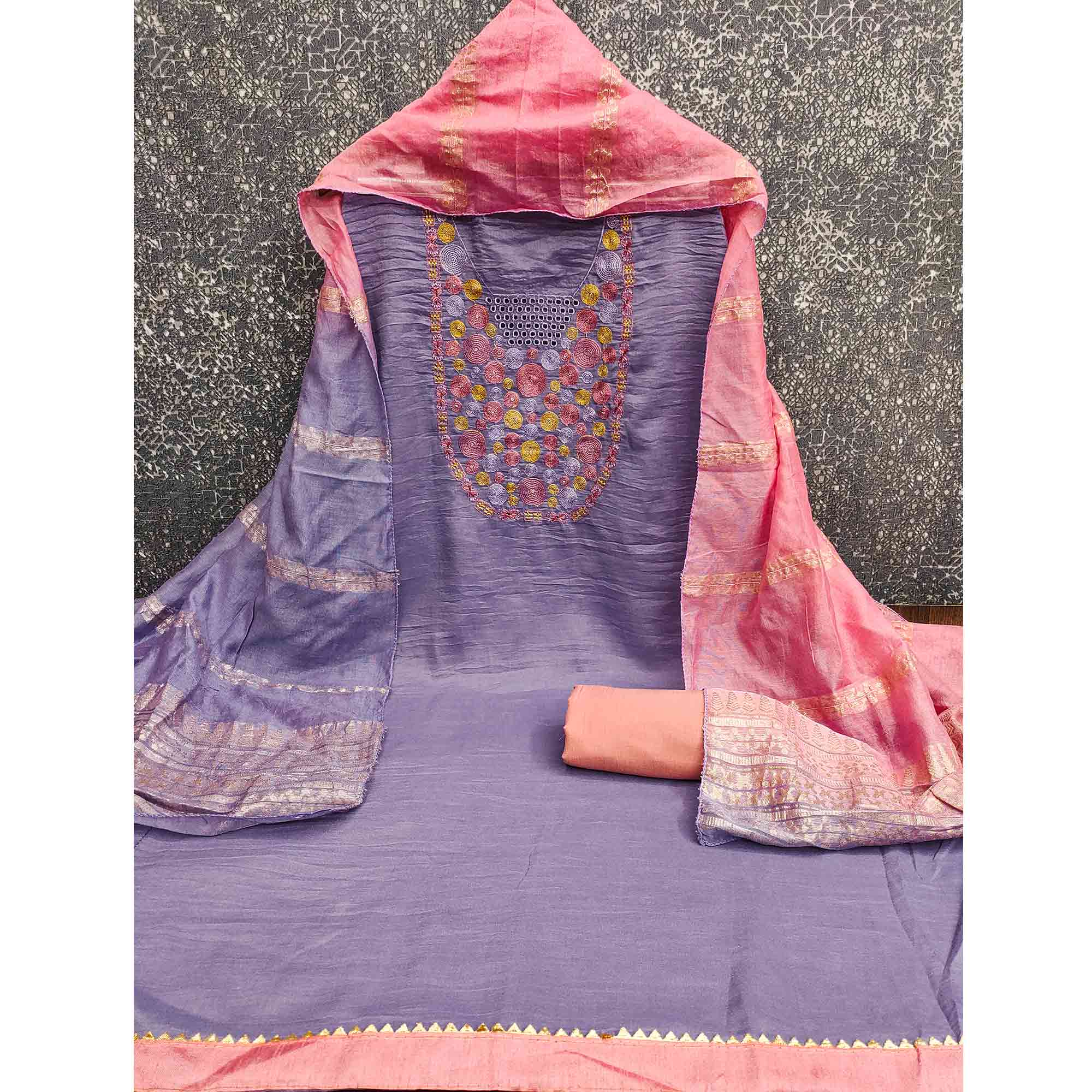 Charming Lavender Thread Embroidered Cotton Blend Dress Material With Sequins & Gota Patti Accents - Image 5