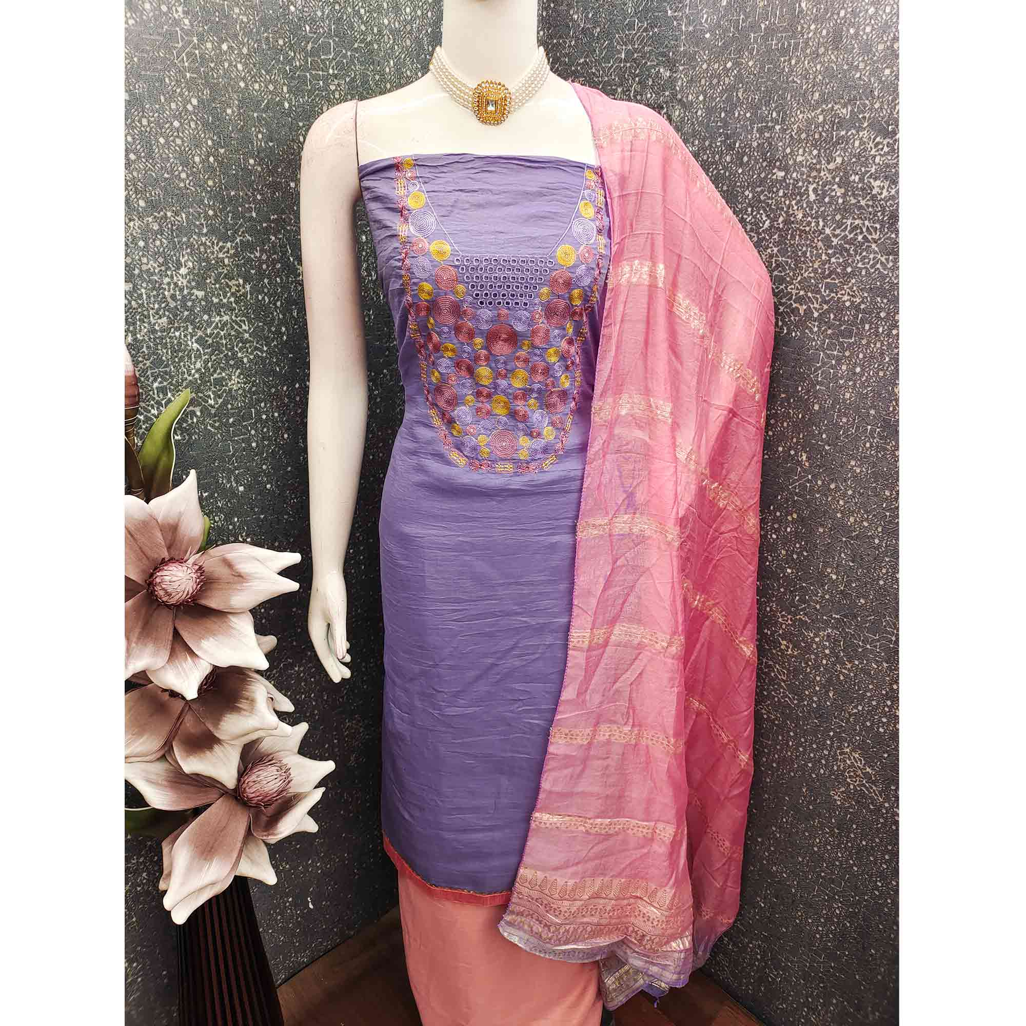 Charming Lavender Thread Embroidered Cotton Blend Dress Material With Sequins & Gota Patti Accents - Image 7