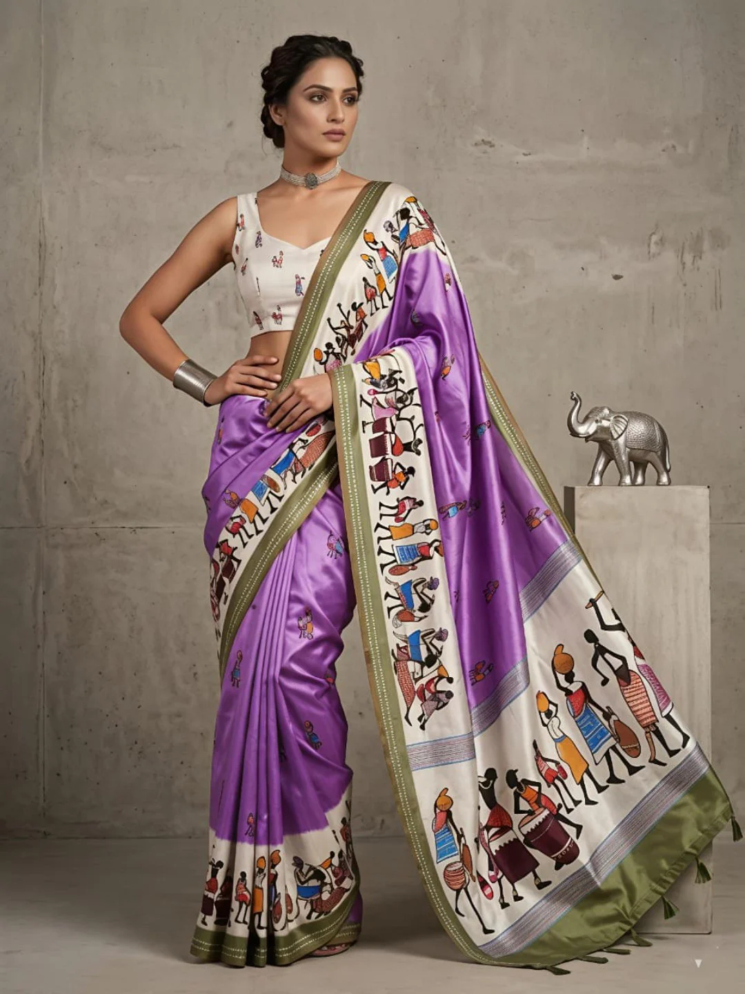Charming Lavender Warli Print Mulmul Cotton Saree Designed With Beautiful Border Work