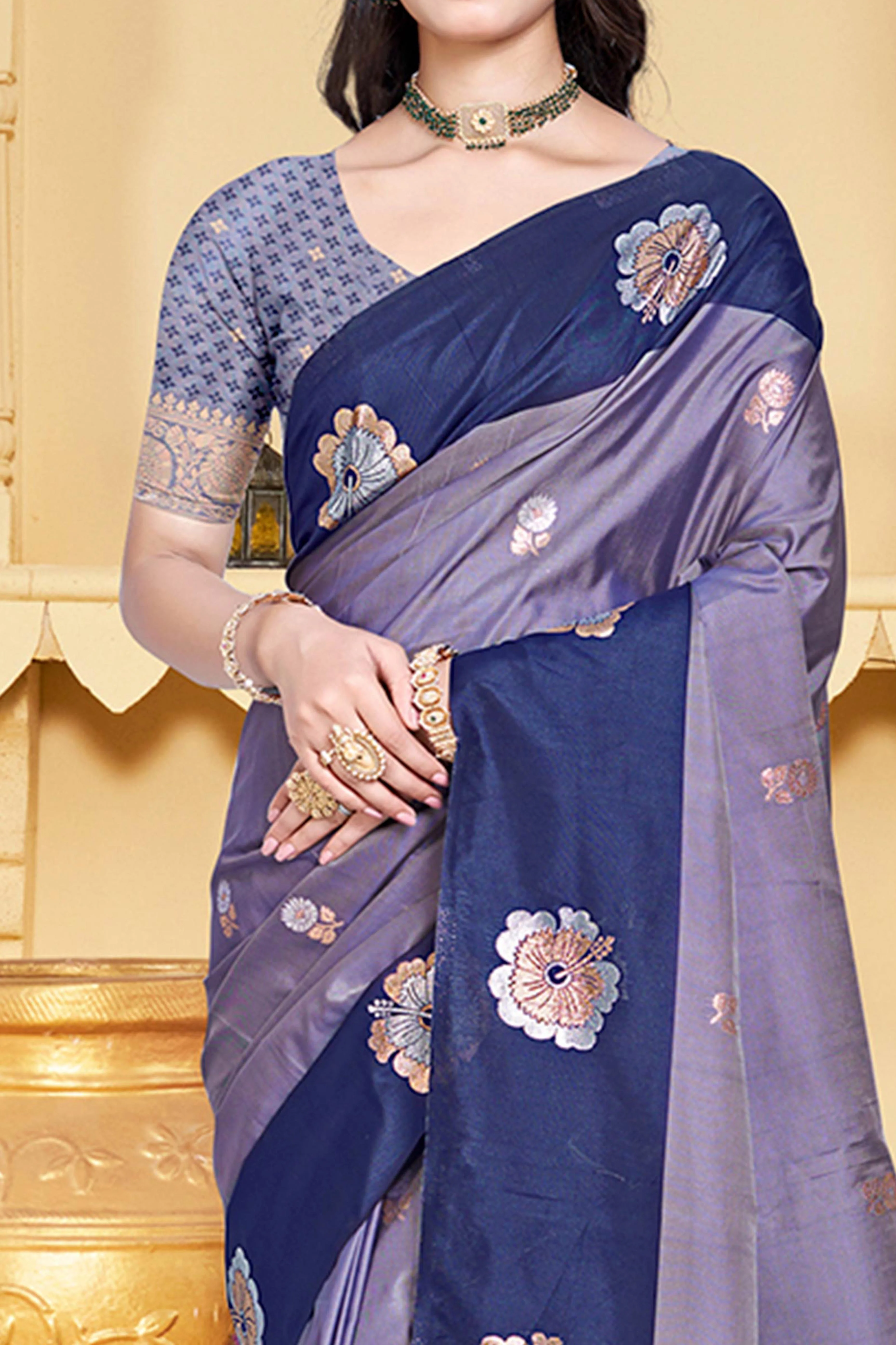 Charming Light Navy Blue Floral Zari Weaving Silk Blend Saree Enhanced With Stylish Tassel Pallu - Image 2