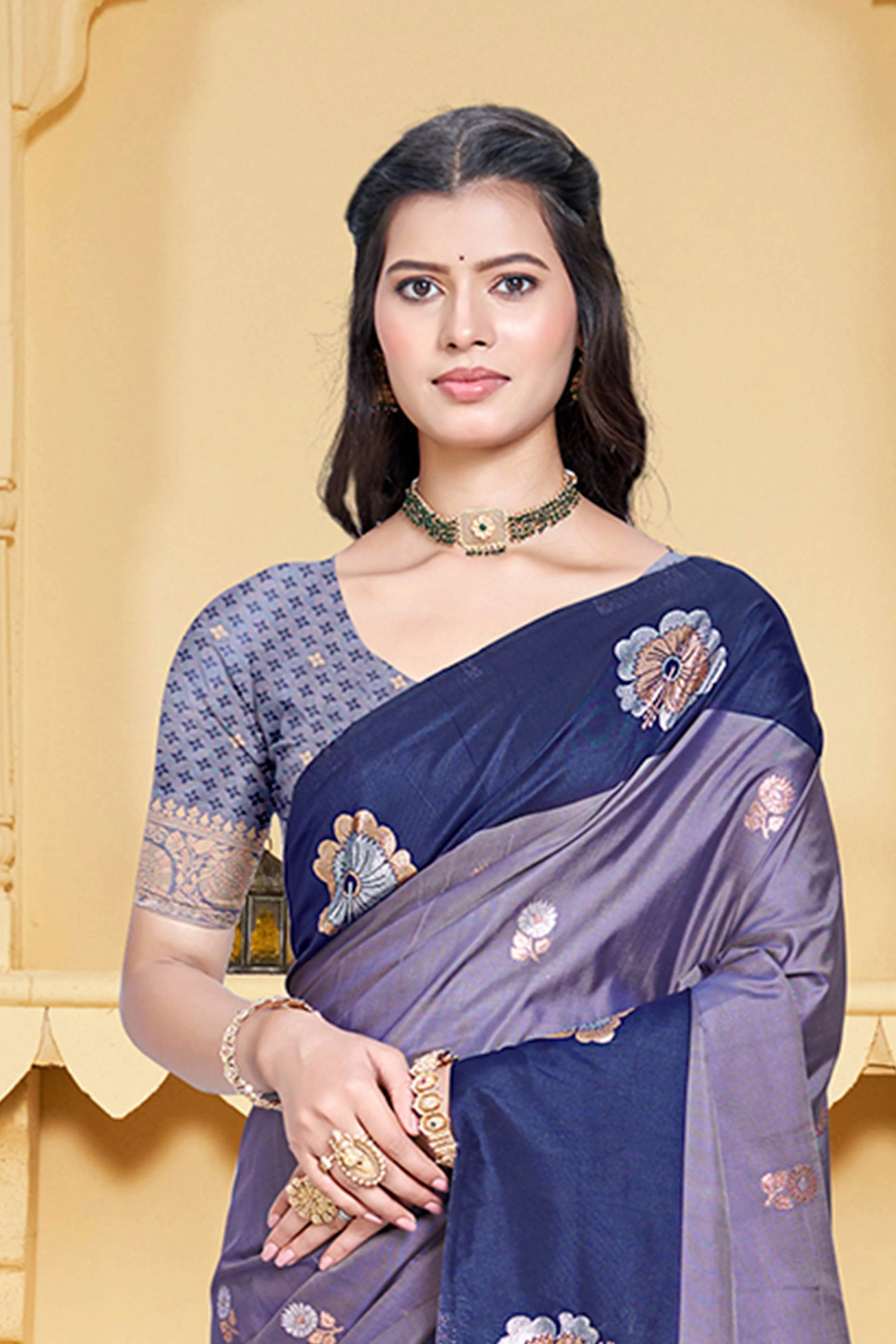 Charming Light Navy Blue Floral Zari Weaving Silk Blend Saree Enhanced With Stylish Tassel Pallu - Image 3