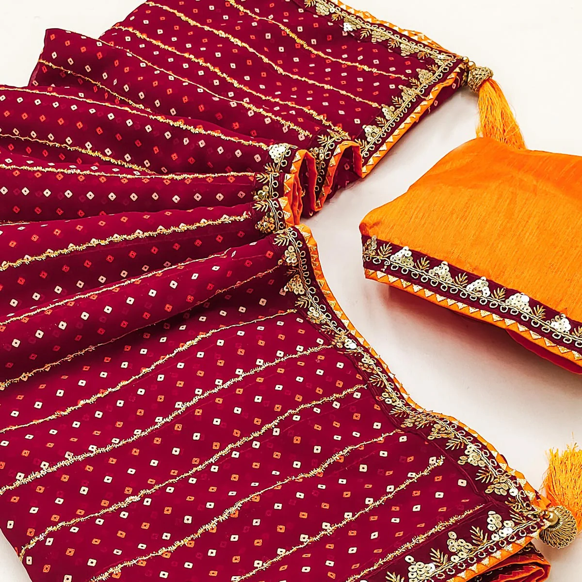 Charming Maroon Bandhani Printed Georgette Saree With Glittering Sequins & Zari Border - Image 2