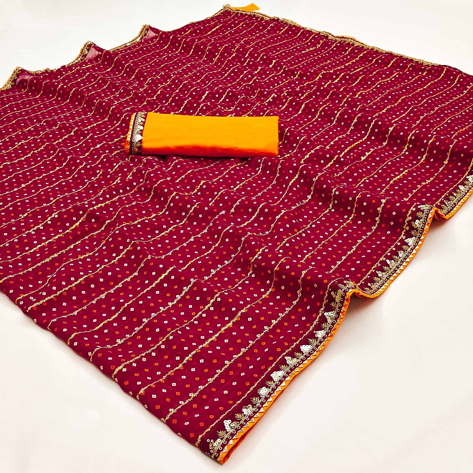 Charming Maroon Bandhani Printed Georgette Saree With Glittering Sequins & Zari Border - Image 4
