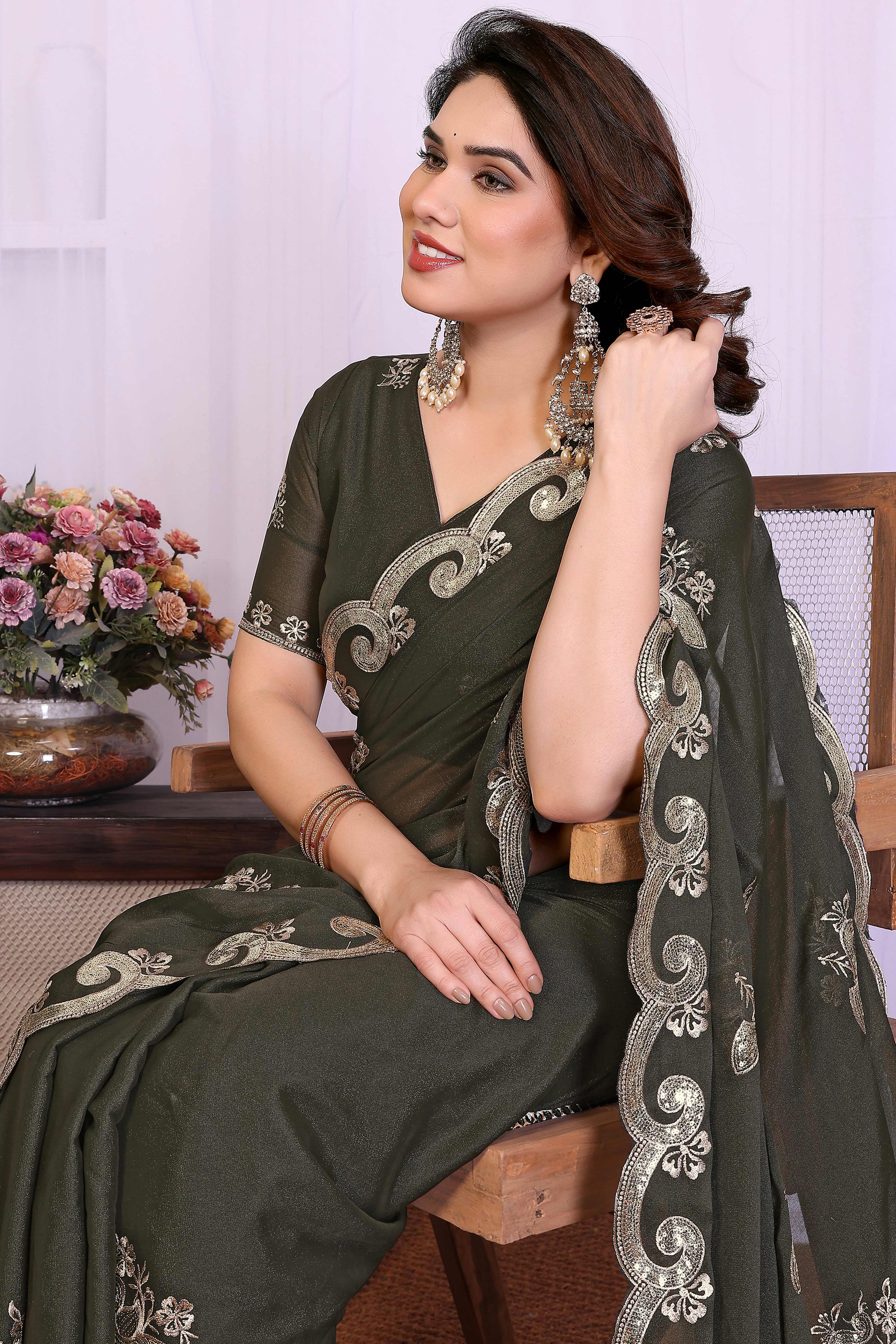 Charming Mehendi Green Floral & Peacock Motif Georgette Saree Enhanced With Sequins Embroidery - Image 5