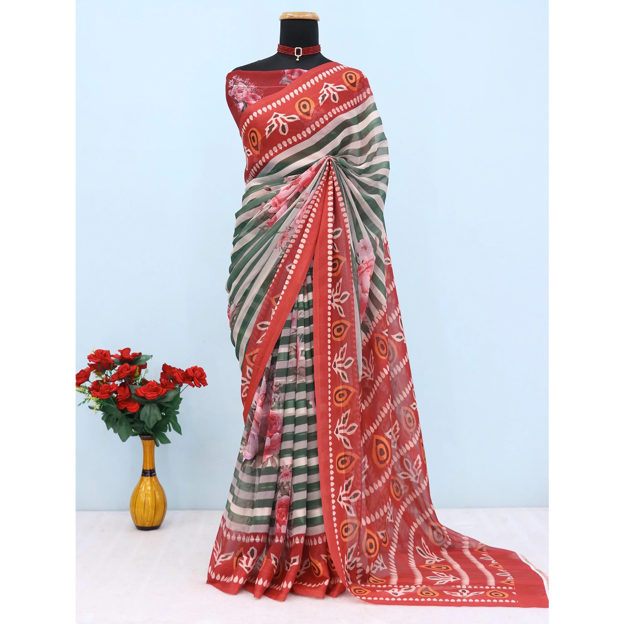 Charming Mehendi Green & Rust Striped Digital Printed Georgette Saree Accentuated With Zari Stripes - Image 3