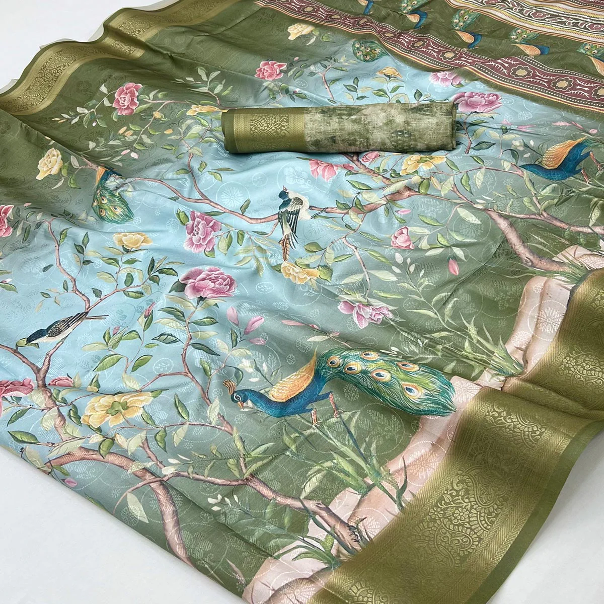 Charming Mehendi Green Weaving Silk Blend Saree Adorned With Floral & Peacock Digital Prints - Image 2