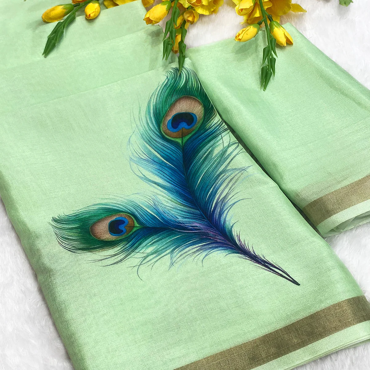 Charming Mint Green Soft Tussar Cotton Silk Saree With Peacock Feathers Print - Image 2