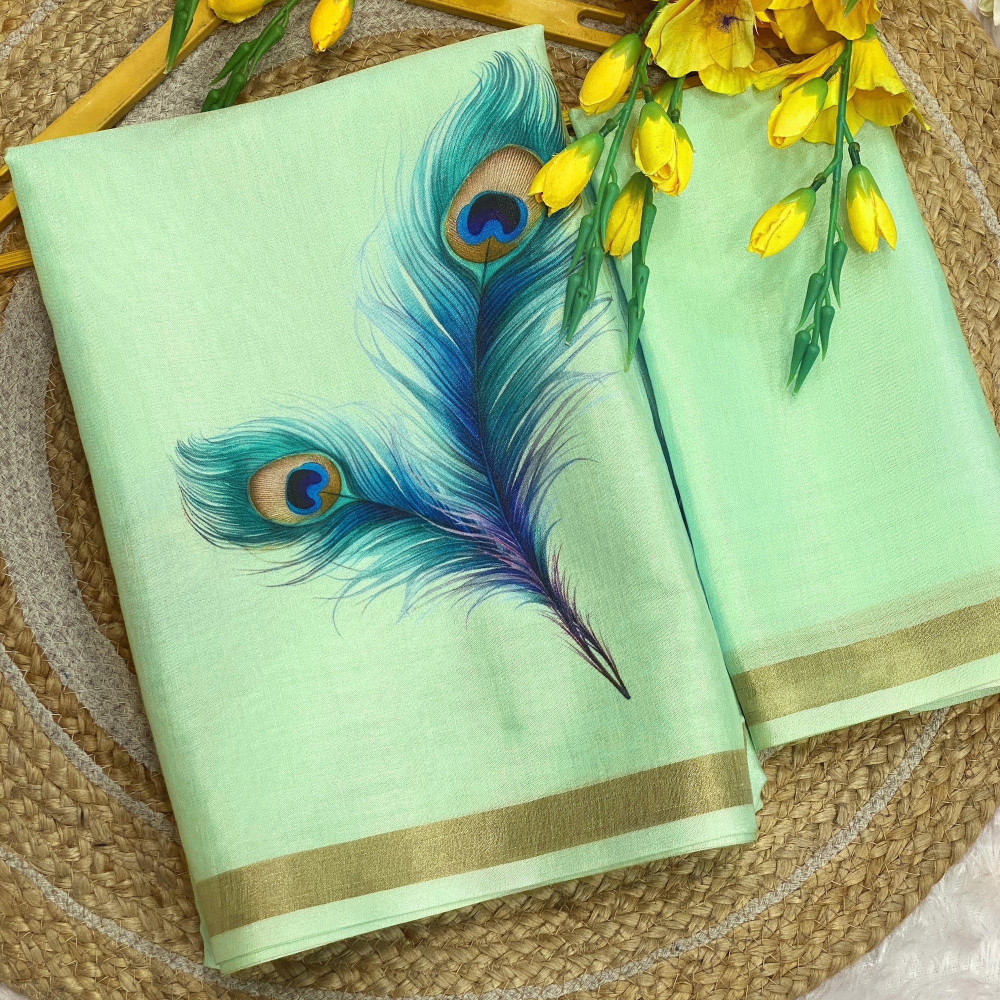 Charming Mint Green Soft Tussar Cotton Silk Saree With Peacock Feathers Print - Image 3