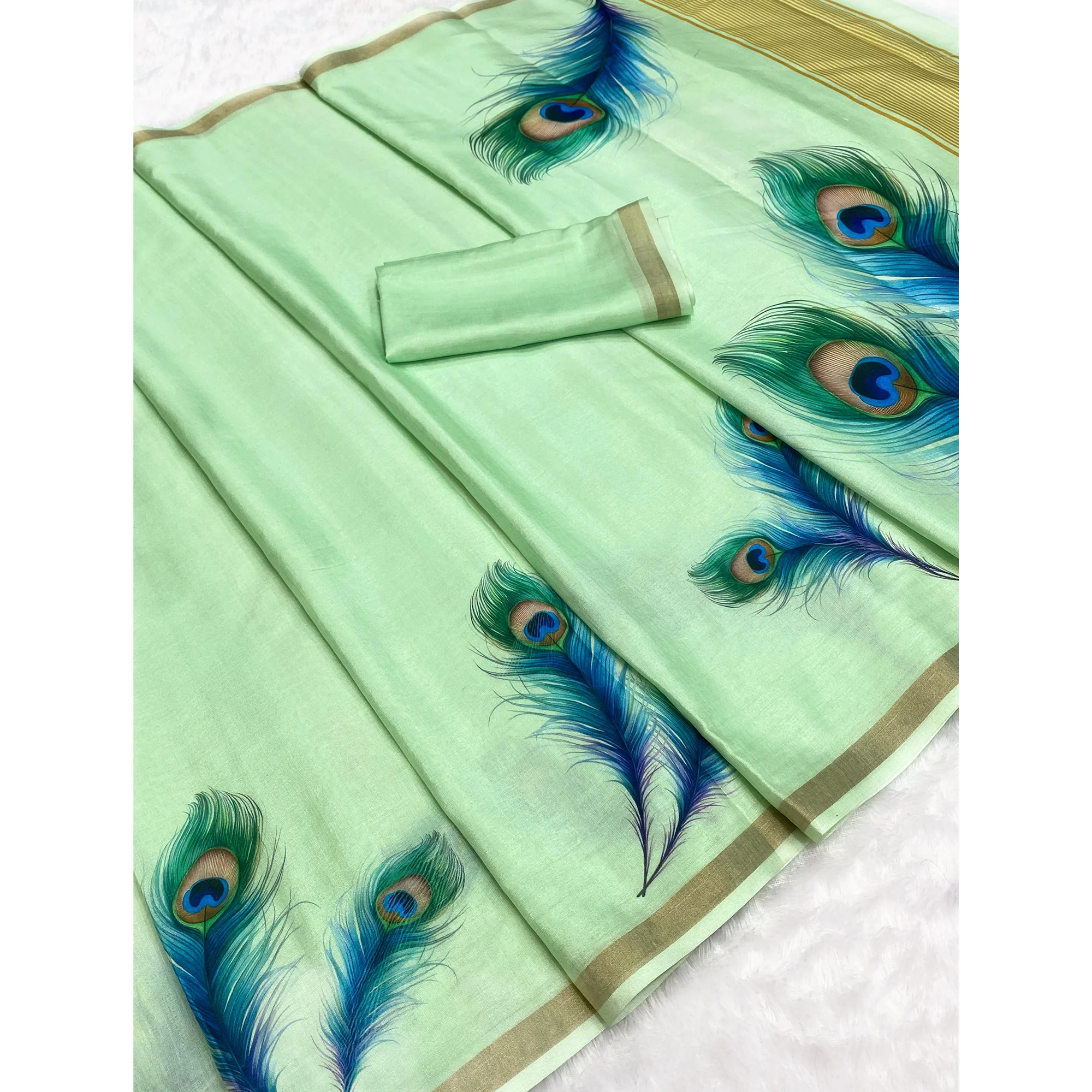 Charming Mint Green Soft Tussar Cotton Silk Saree With Peacock Feathers Print - Image 4