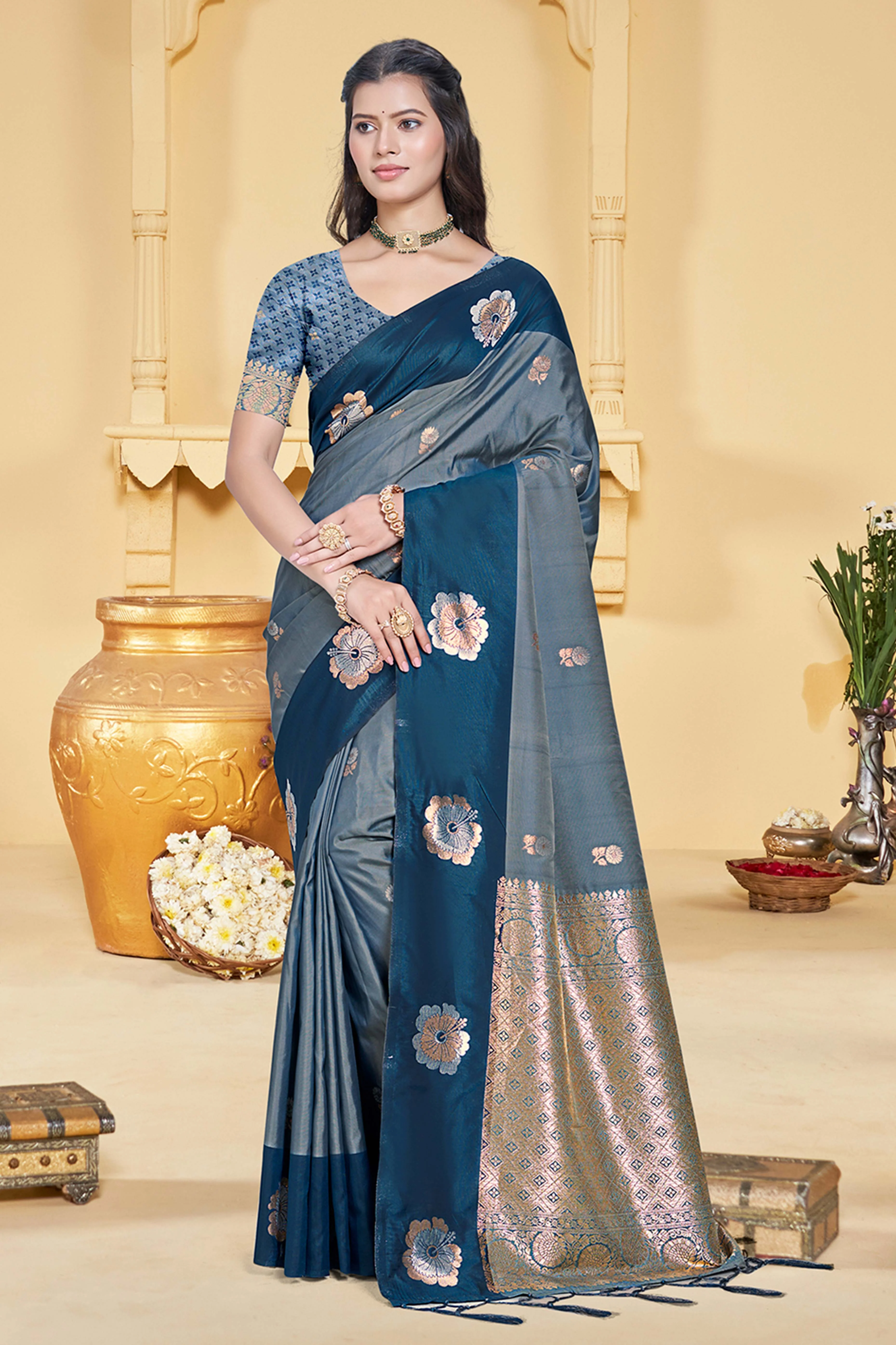 Charming Morpich Blue Floral Zari Weaving Silk Blend Saree Enhanced With Stylish Tassel Pallu