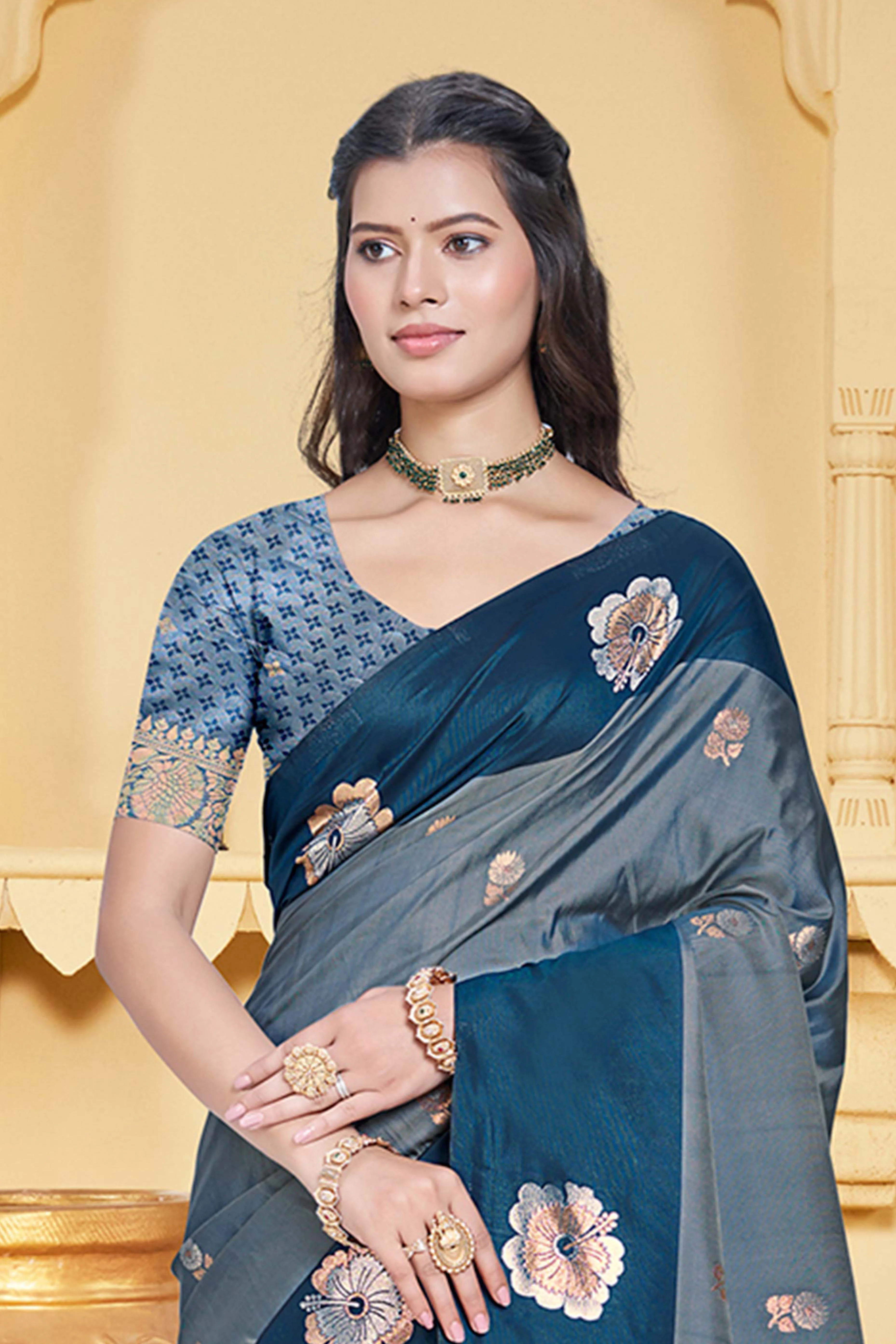 Charming Morpich Blue Floral Zari Weaving Silk Blend Saree Enhanced With Stylish Tassel Pallu - Image 3