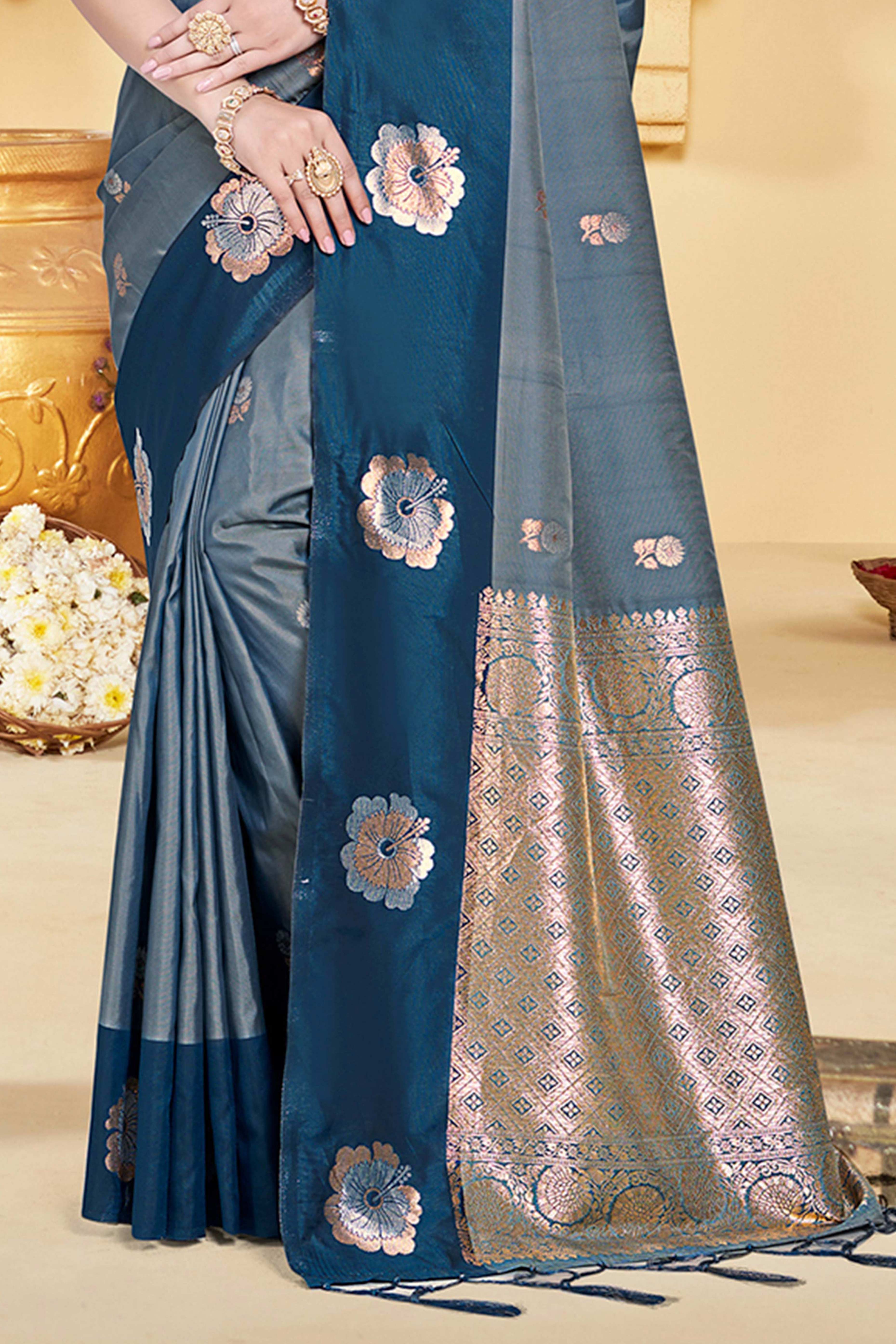 Charming Morpich Blue Floral Zari Weaving Silk Blend Saree Enhanced With Stylish Tassel Pallu - Image 4