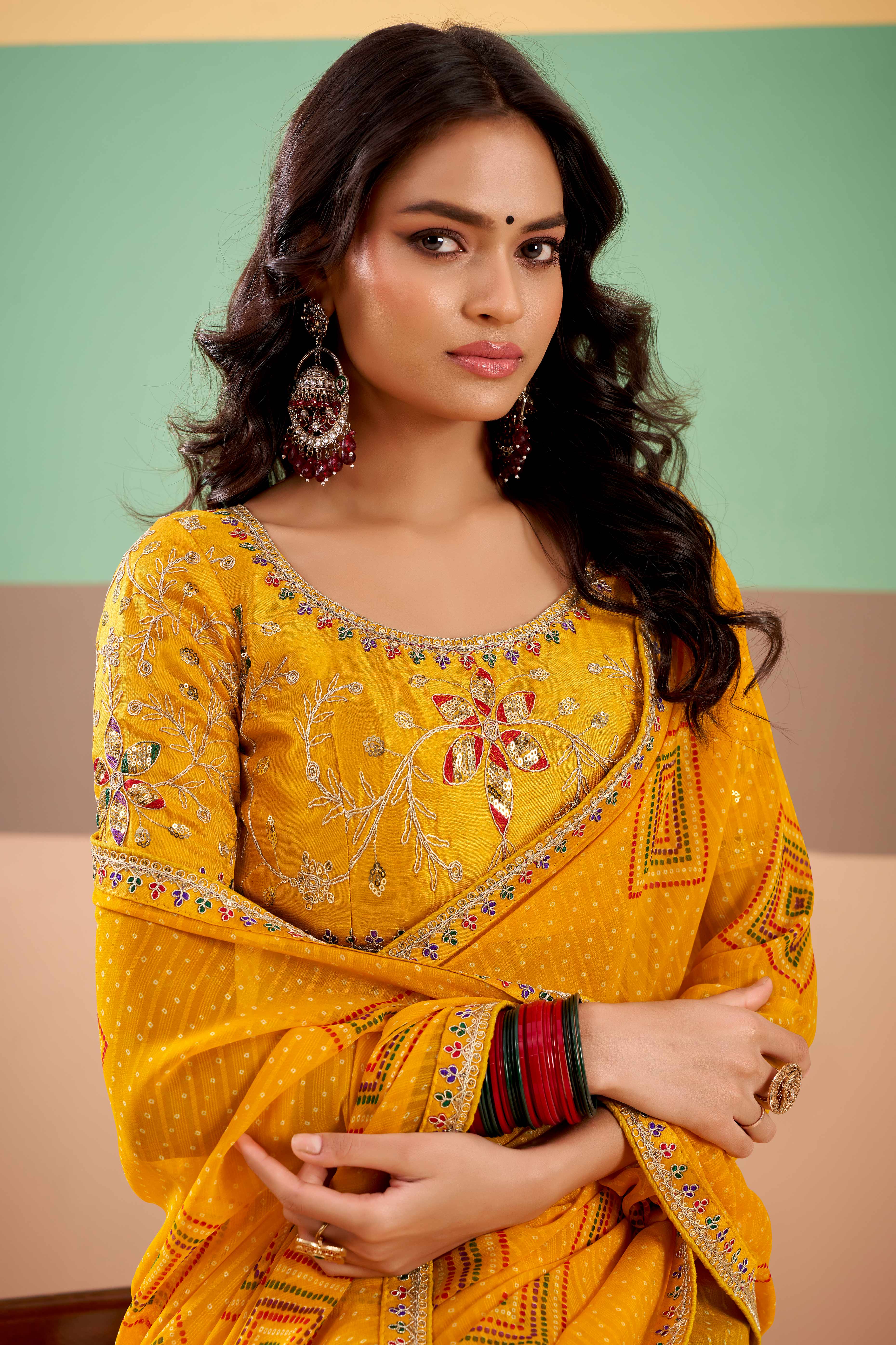 Charming Mustard Bandhani Printed Georgette Saree Adorned With Cording Embroidered Border - Image 4
