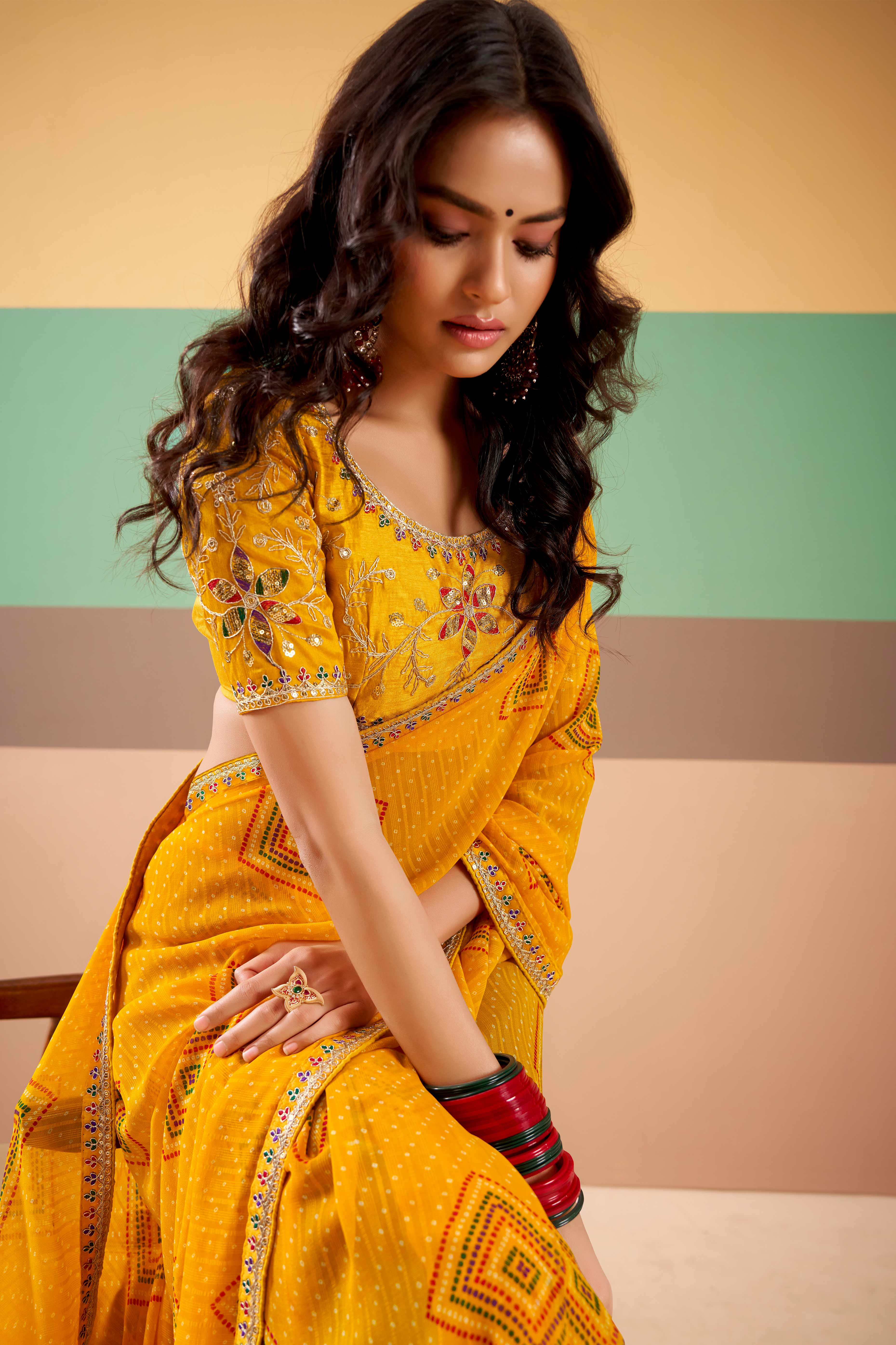Charming Mustard Bandhani Printed Georgette Saree Adorned With Cording Embroidered Border - Image 5