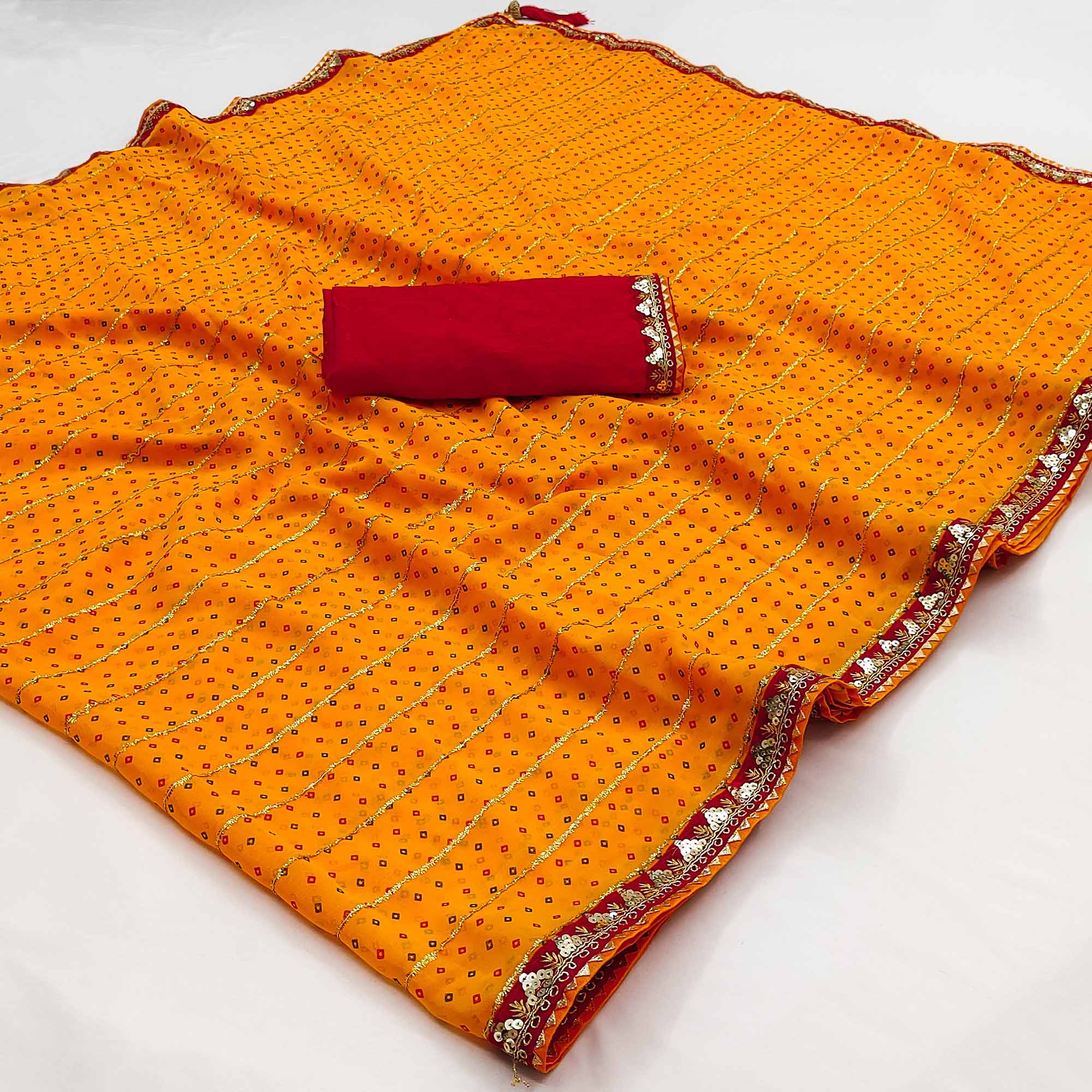 Charming Mustard Bandhani Printed Georgette Saree With Glittering Sequins & Zari Border - Image 4