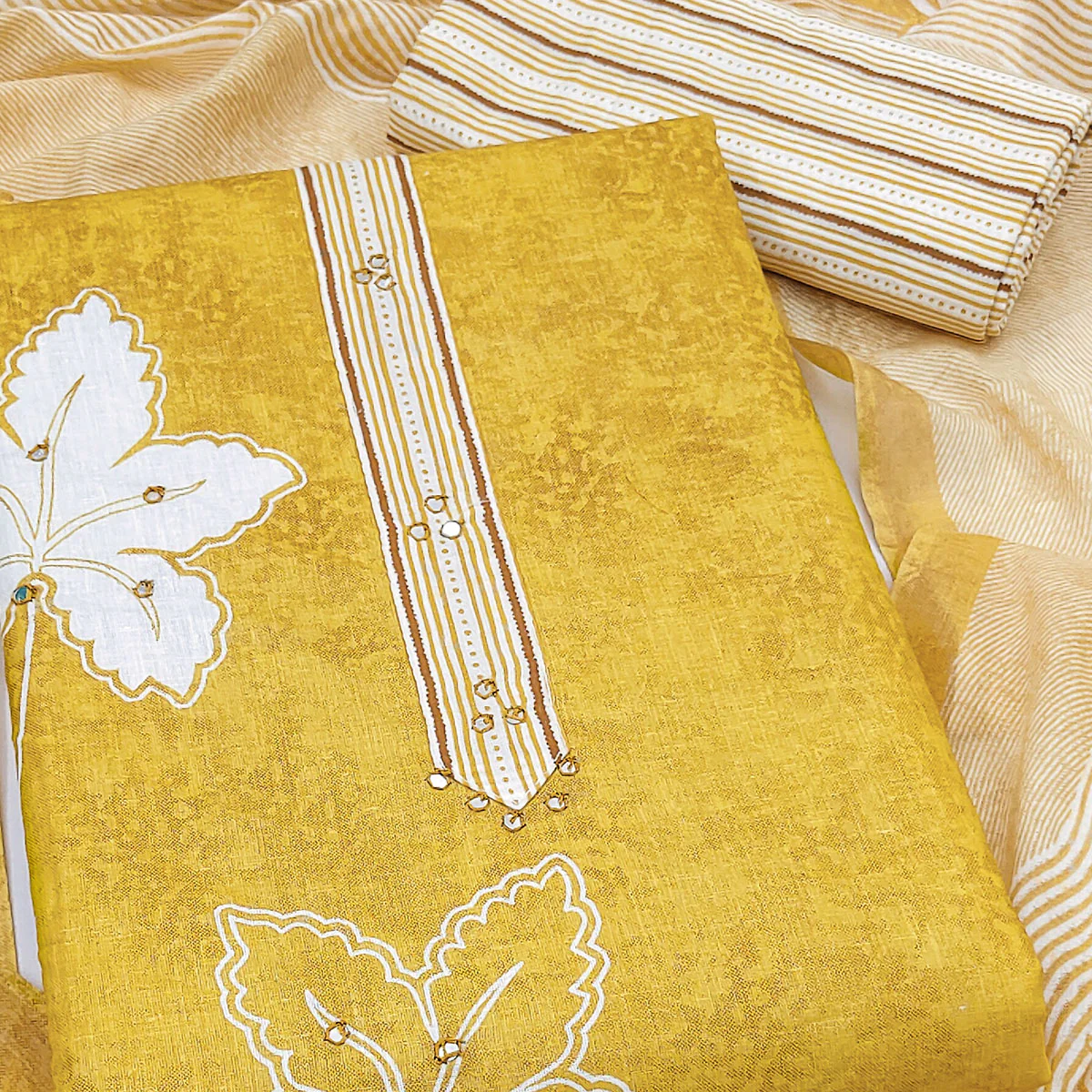 Charming Mustard Floral & Leaf Printed Pure Cotton Dress Material Featuring Subtle Embroidery Work - Image 2