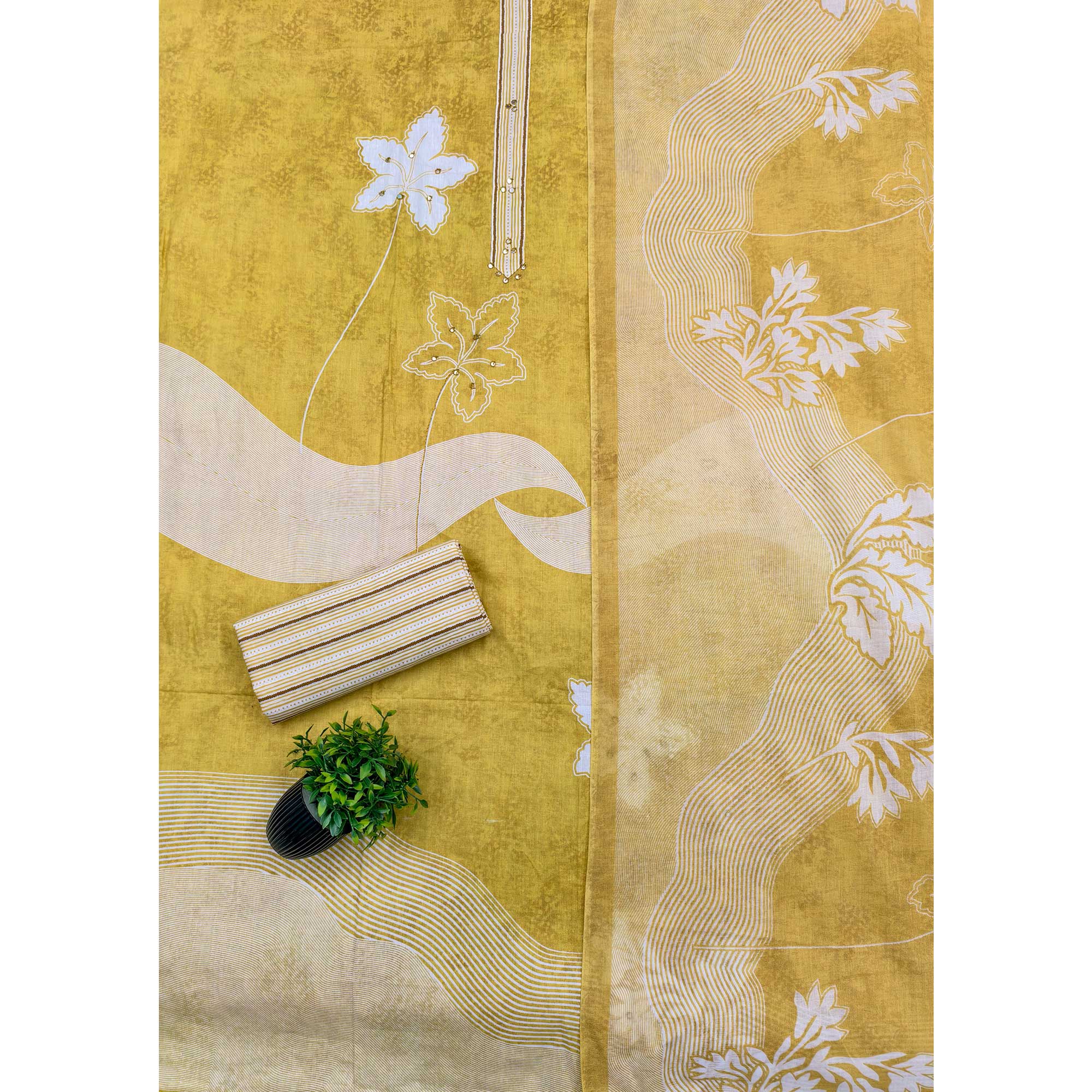 Charming Mustard Floral & Leaf Printed Pure Cotton Dress Material Featuring Subtle Embroidery Work - Image 3