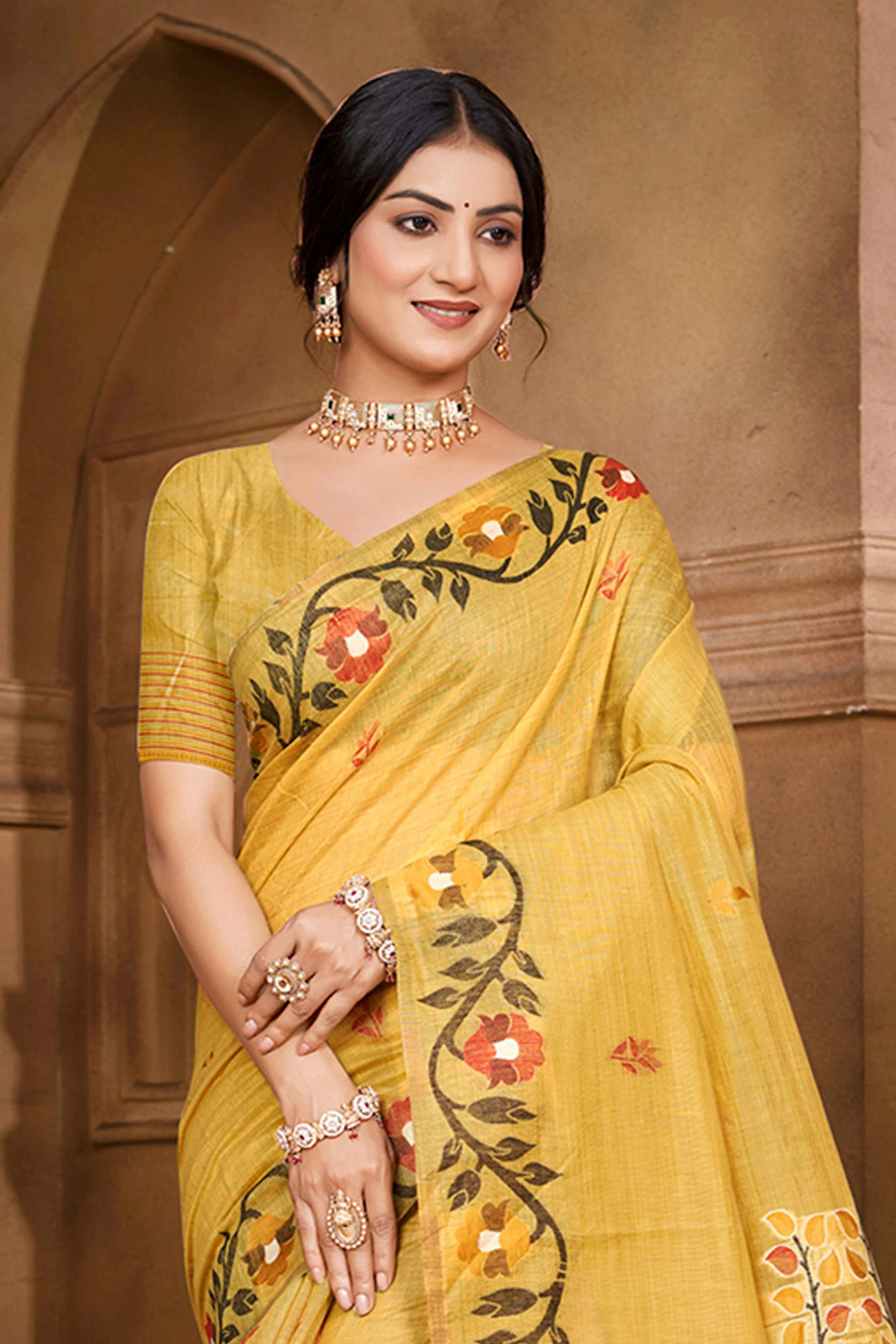 Charming Mustard Floral Weaving Cotton Silk Saree Enhanced With Tree Motif Pallu With Tassel - Image 3