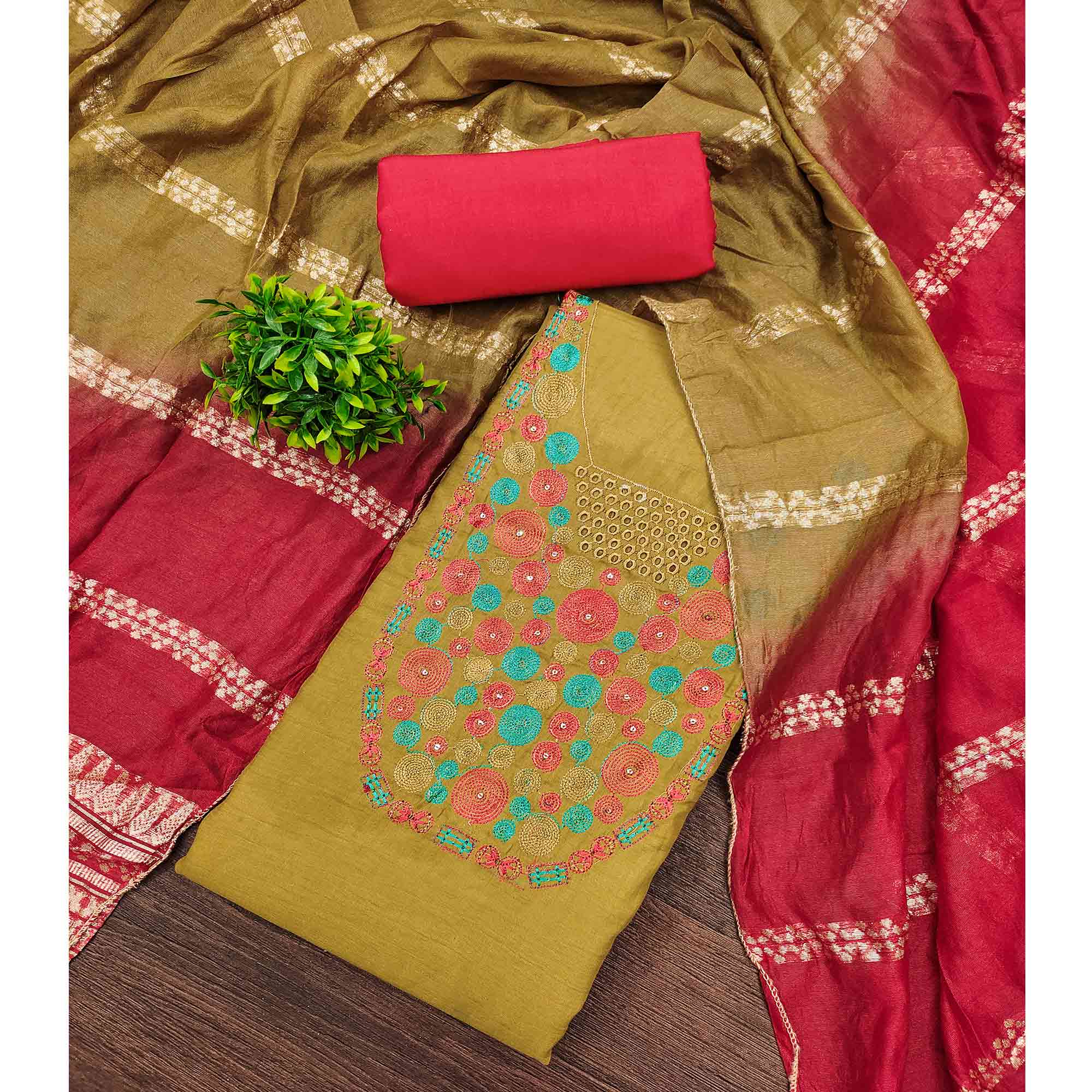 Charming Mustard Thread Embroidered Cotton Blend Dress Material With Sequins & Gota Patti Accents - Image 3