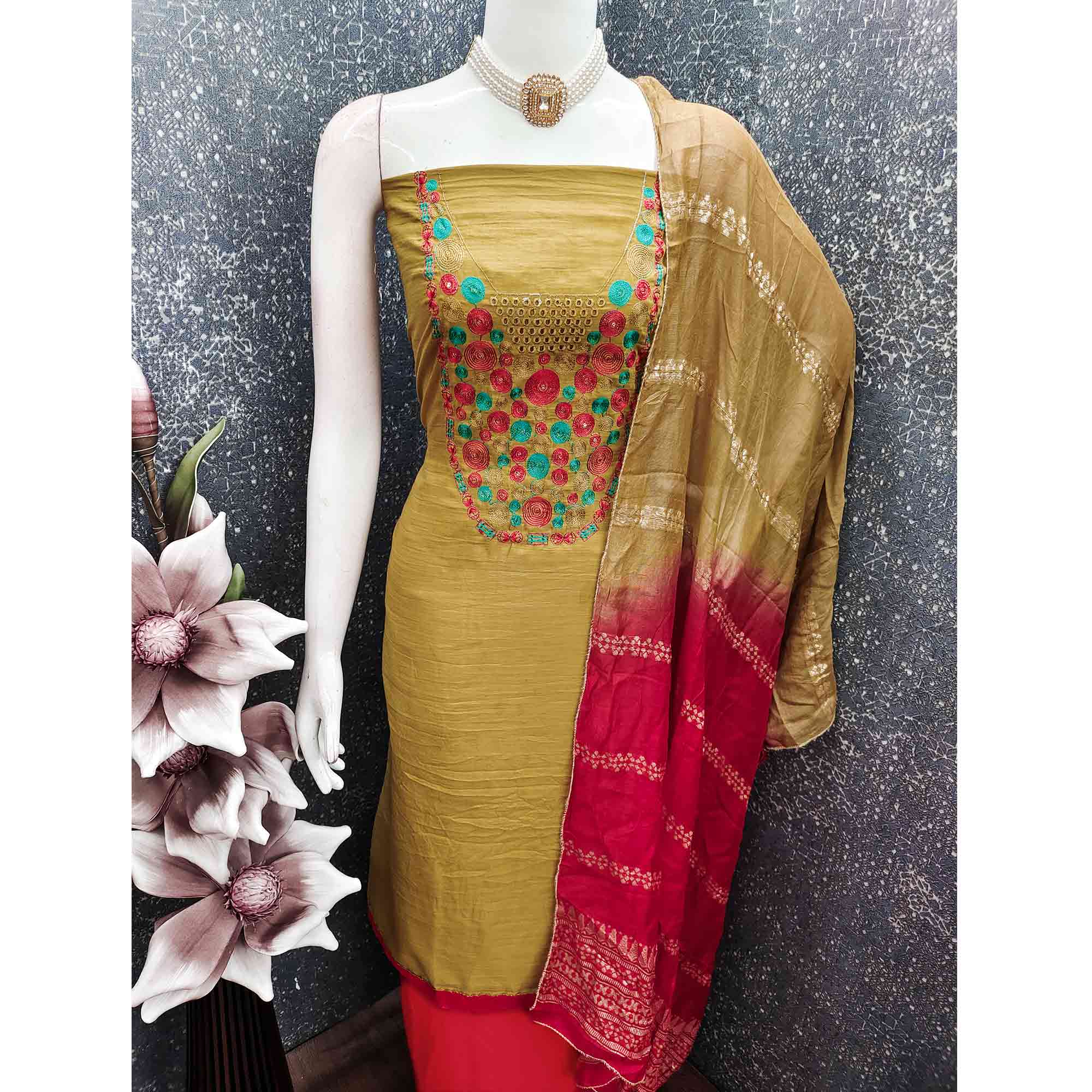 Charming Mustard Thread Embroidered Cotton Blend Dress Material With Sequins & Gota Patti Accents - Image 7