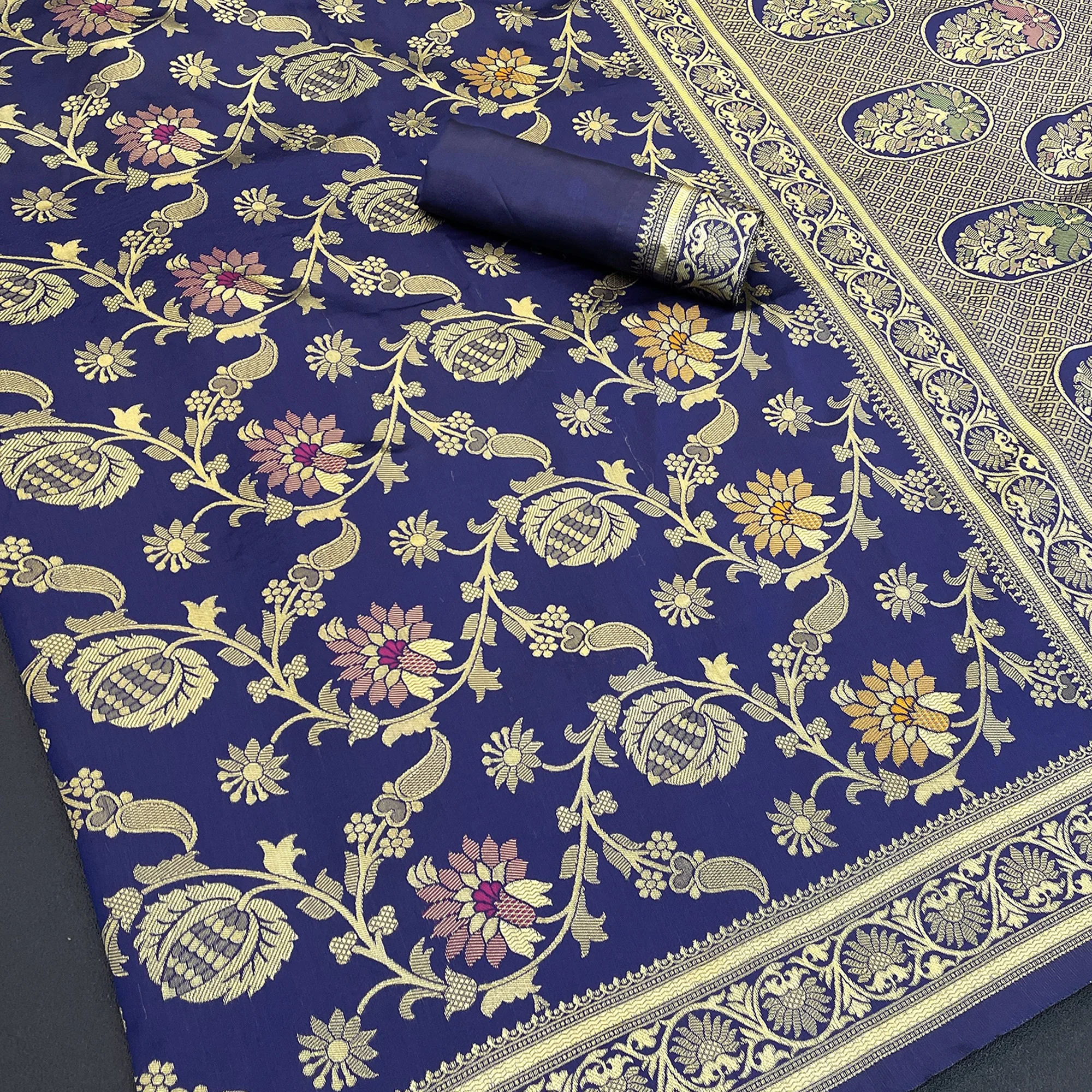 Charming Navy Blue Banarasi Silk Saree Adorned With Floral Zari Weaving - Image 2