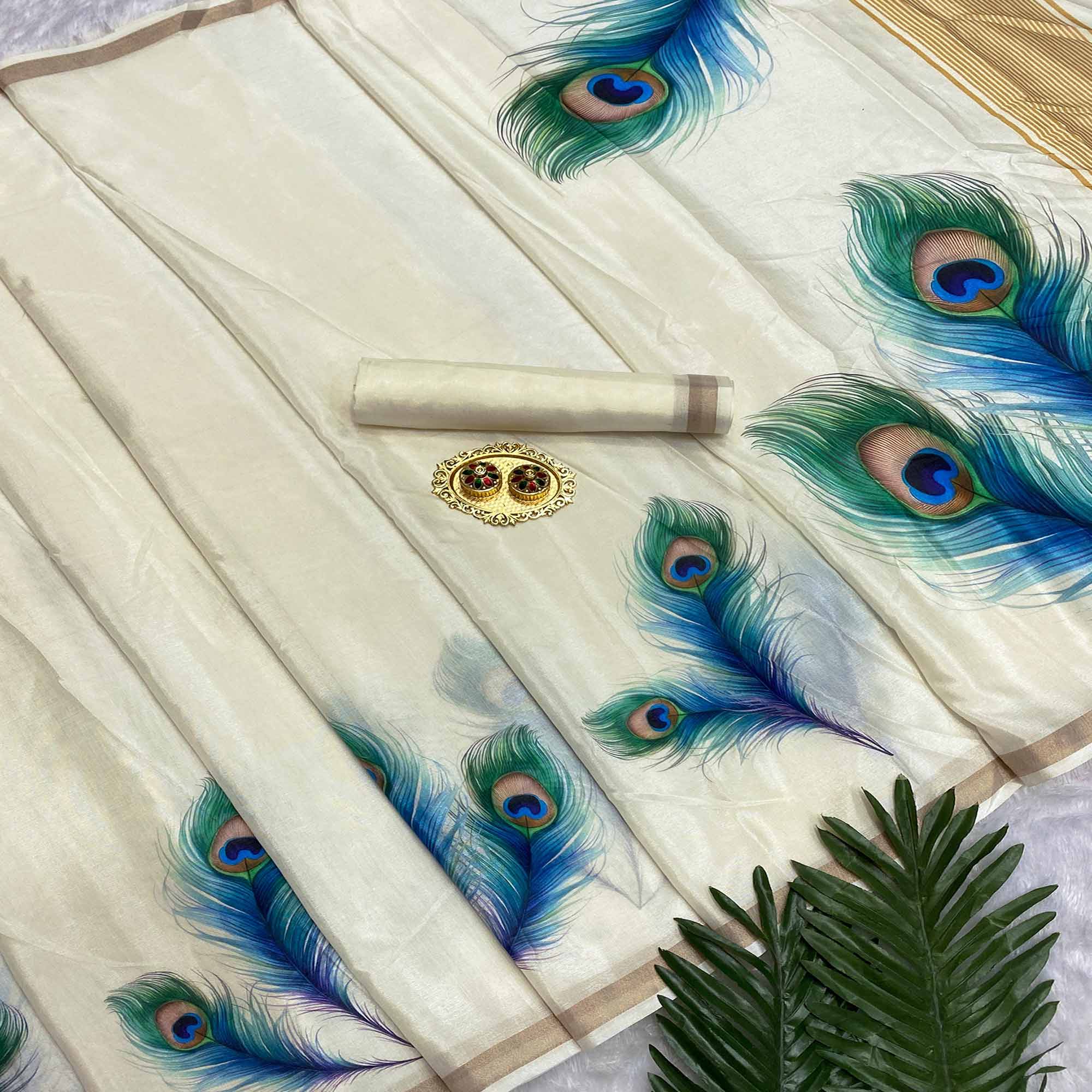 Charming Off White Soft Tussar Cotton Silk Saree with Peacock Feathers Print - Image 3