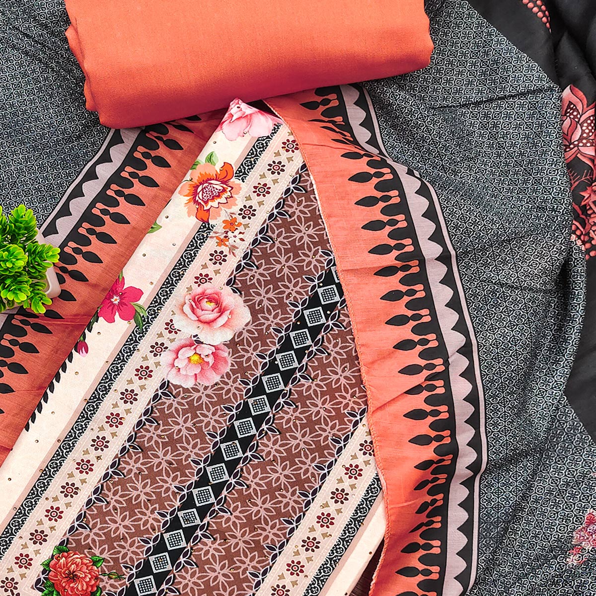 Charming Orange Floral Digital Printed Muslin Dress Material With Subtle Swarovski Work - Image 2