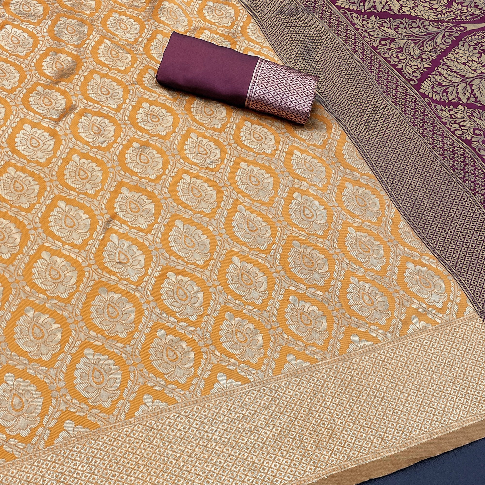 Charming Orange & Purple Banarasi Silk Saree Adorned With Floral Zari Weaving - Image 2