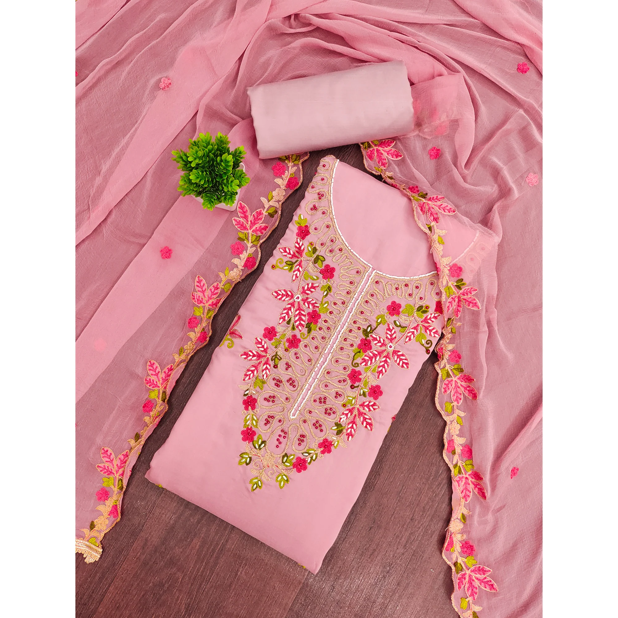 Charming Peach Floral Embroidery Cotton Silk Dress Material Enhanced With Elegant Moti Handwork - Image 3