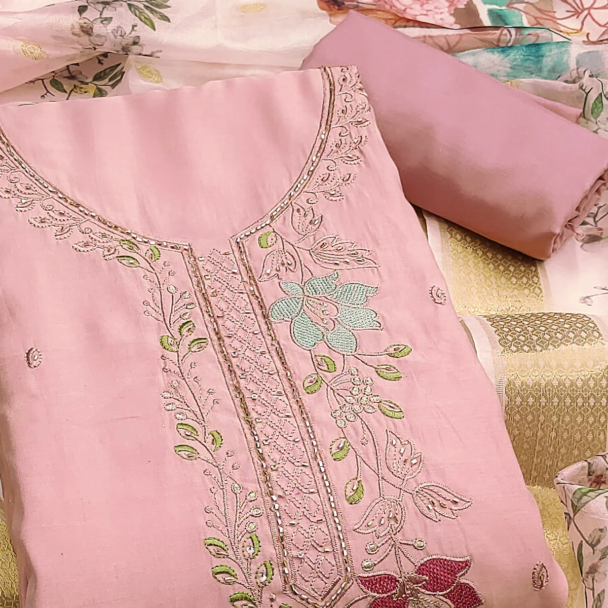Charming Peach Floral Thread Embroidered With Artful Handwork Cotton Silk Dress Material - Image 2