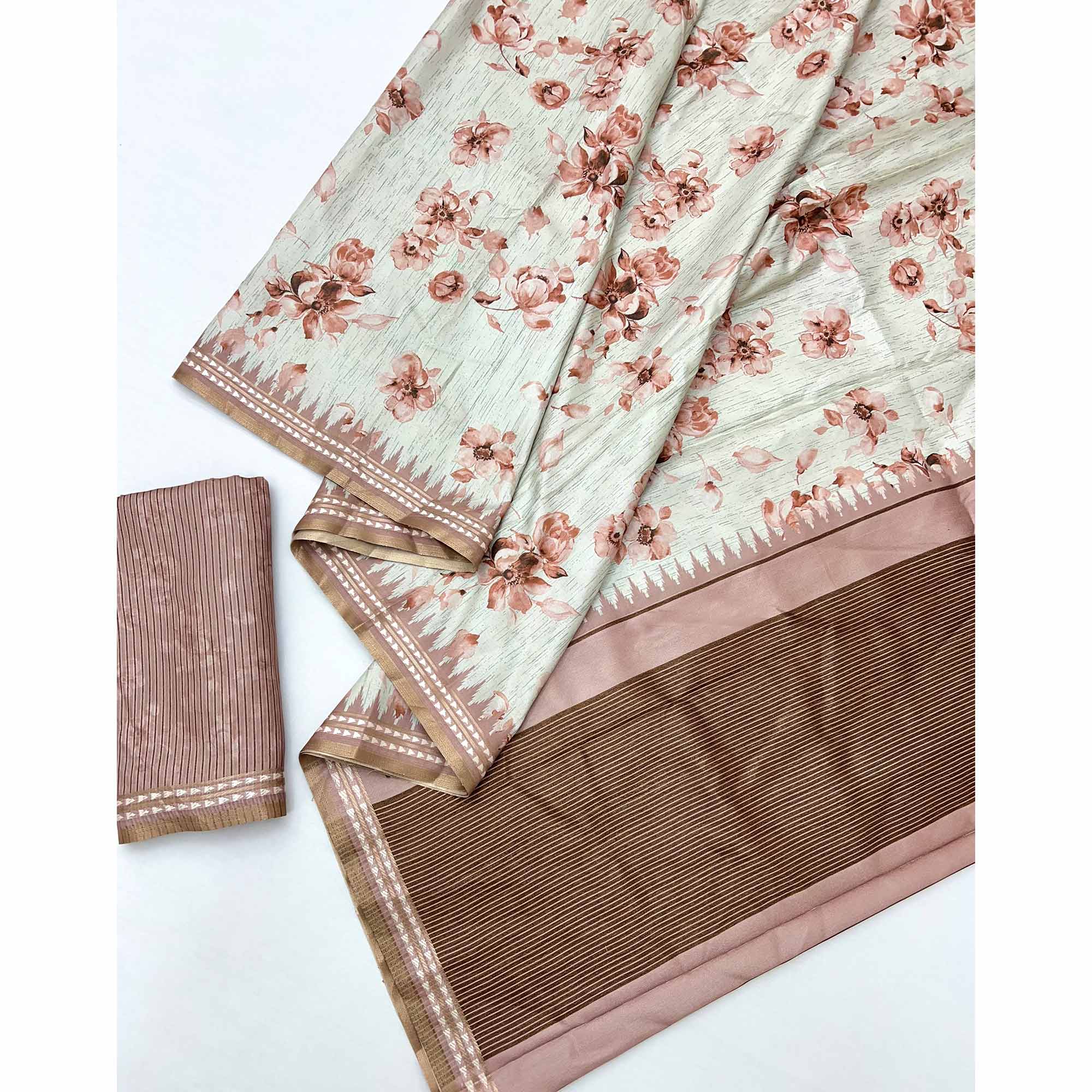 Charming Peach Silk Blend Saree Featuring Floral Digital Prints & Zari Border - Image 3