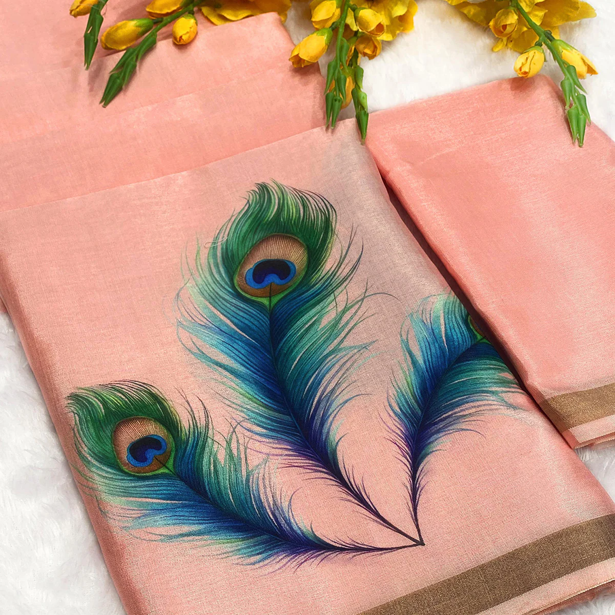 Charming Peach Soft Tussar Cotton Silk Saree With Peacock Feathers Print - Image 2
