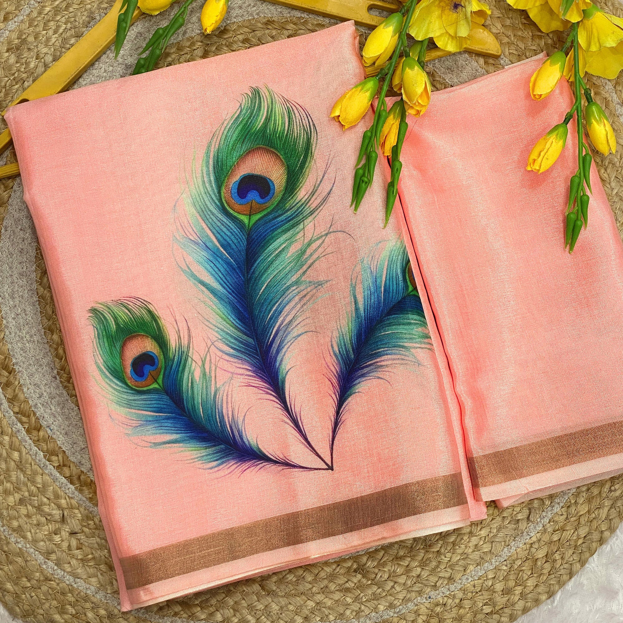 Charming Peach Soft Tussar Cotton Silk Saree With Peacock Feathers Print - Image 3